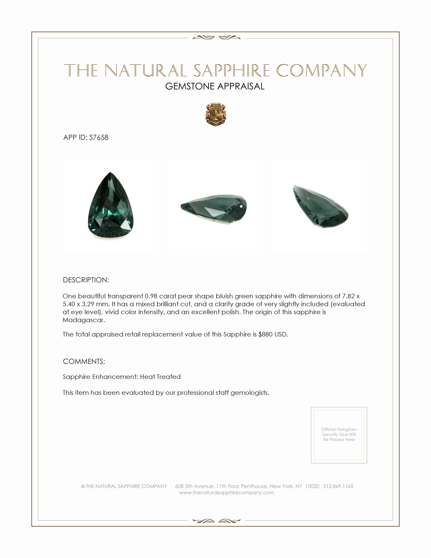 0.98 Ct. Bluish Green Sapphire from Madagascar
