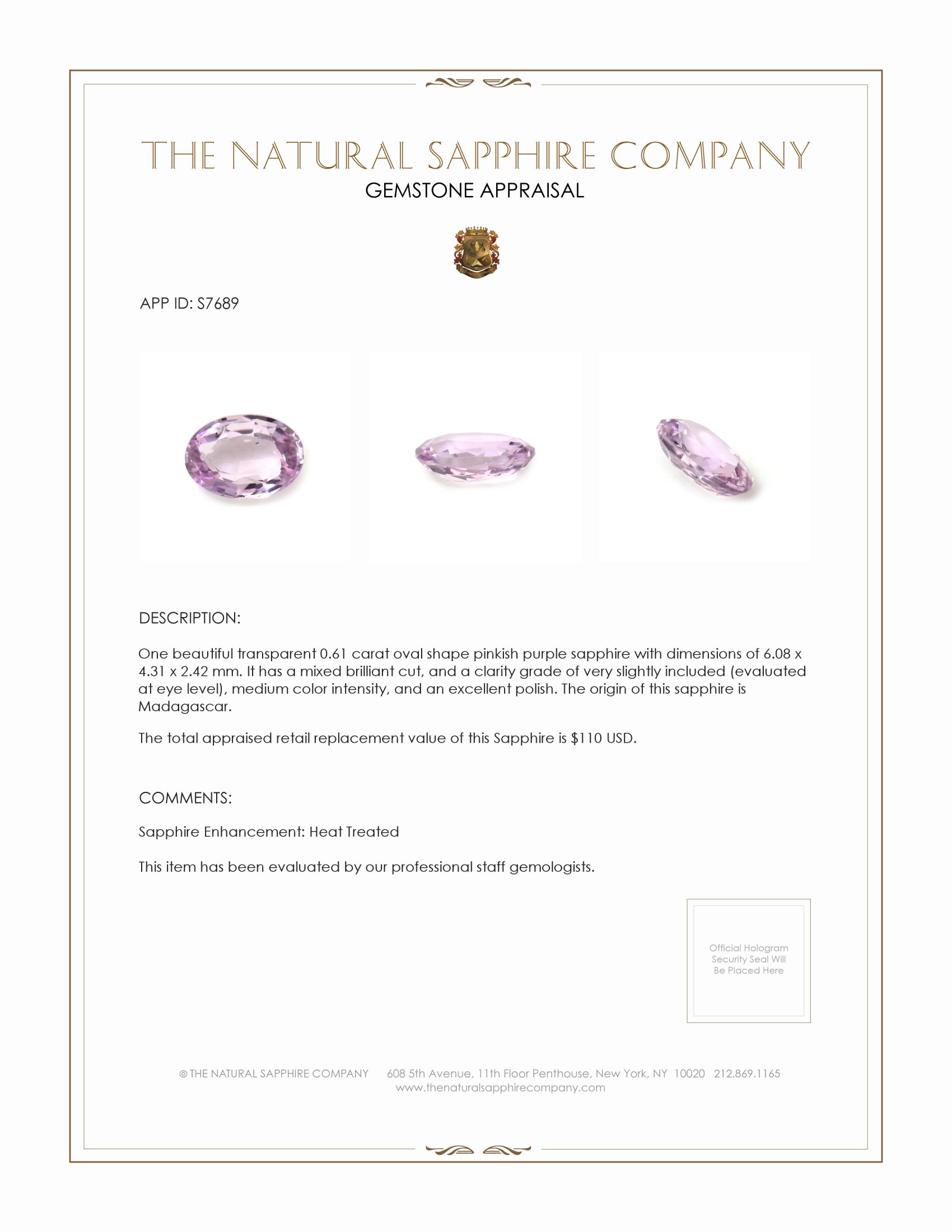 0.61 Ct. Pinkish Purple Sapphire from Madagascar