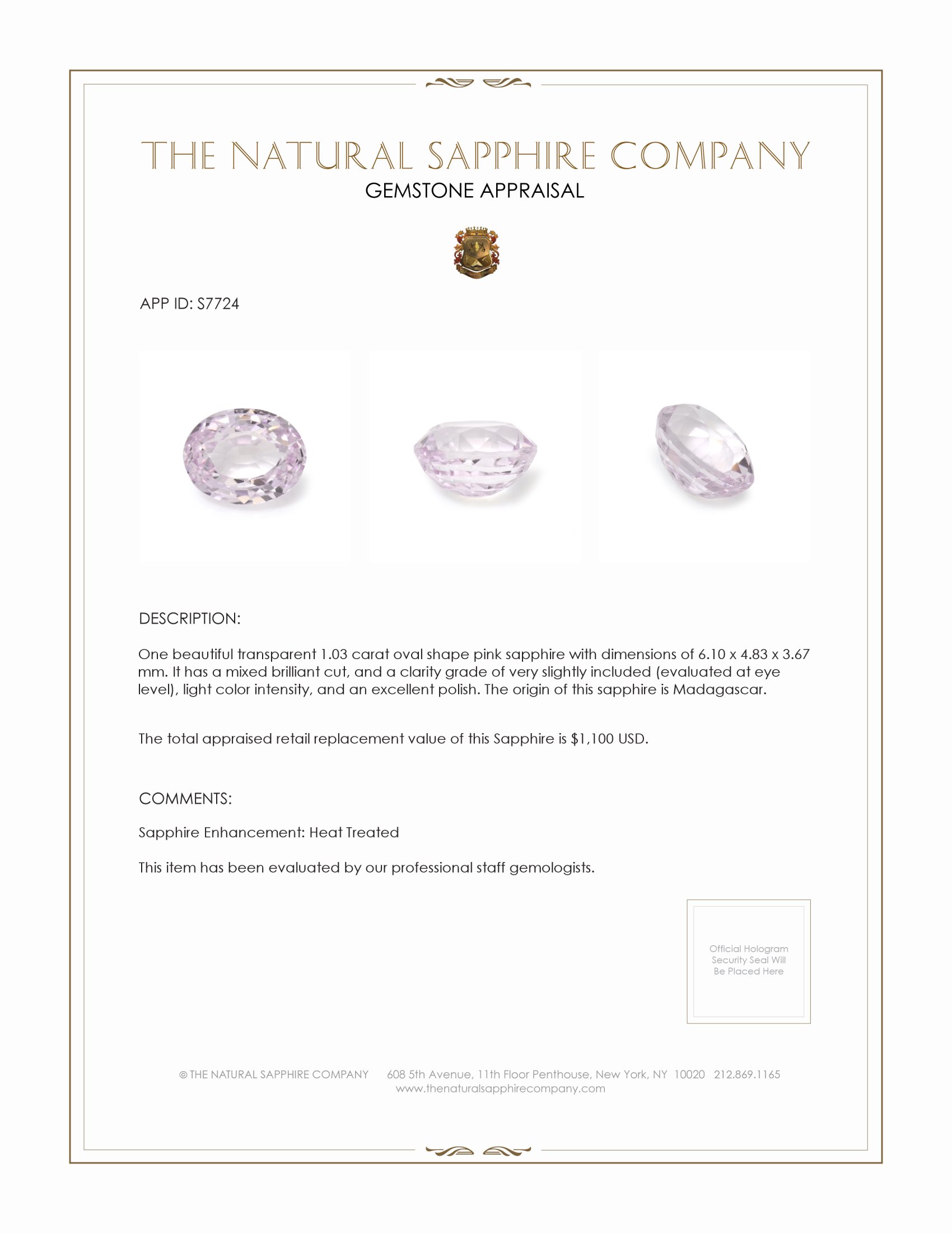1.03 Ct. Pink Sapphire from Madagascar