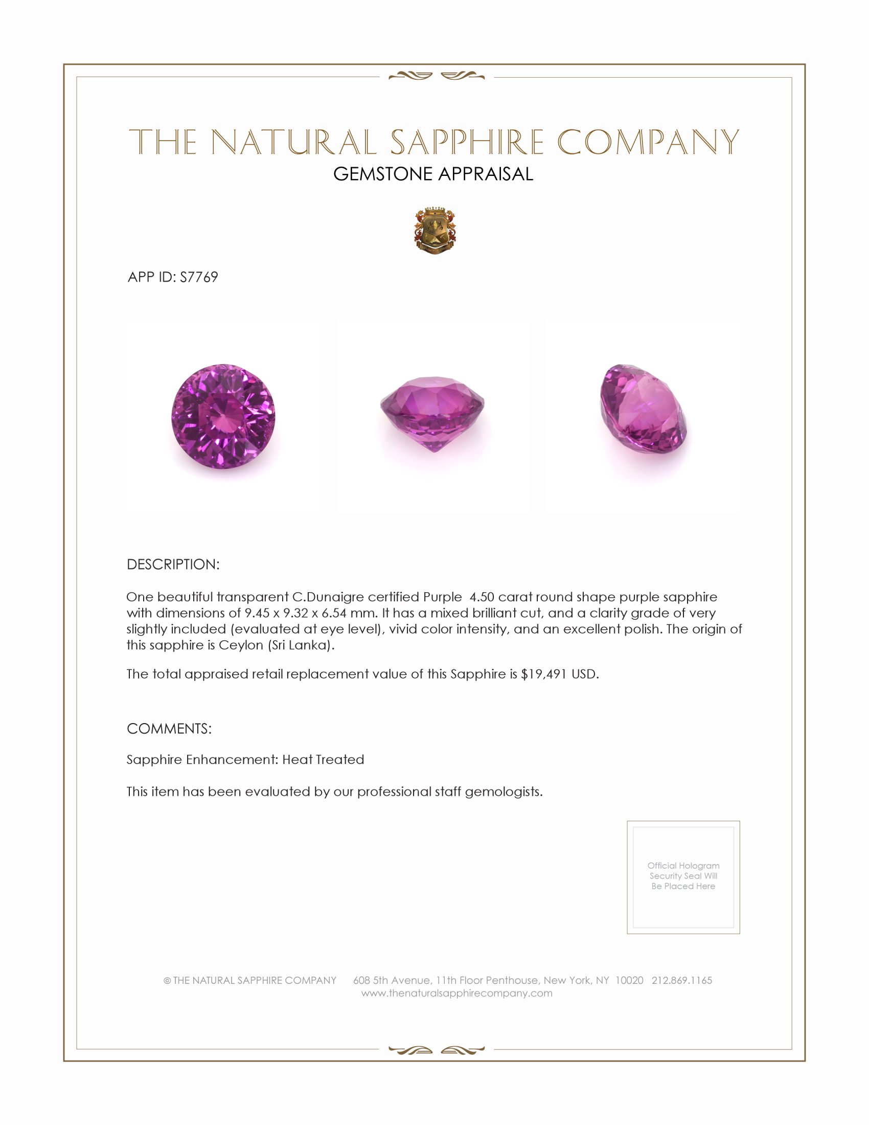 4.50 Ct. Purple Sapphire from Ceylon (Sri Lanka)