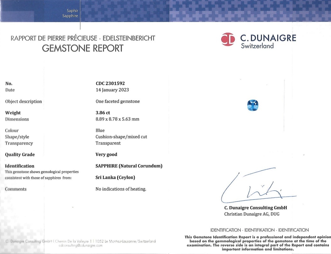 3.86 Ct. Blue Sapphire from Ceylon (Sri Lanka)