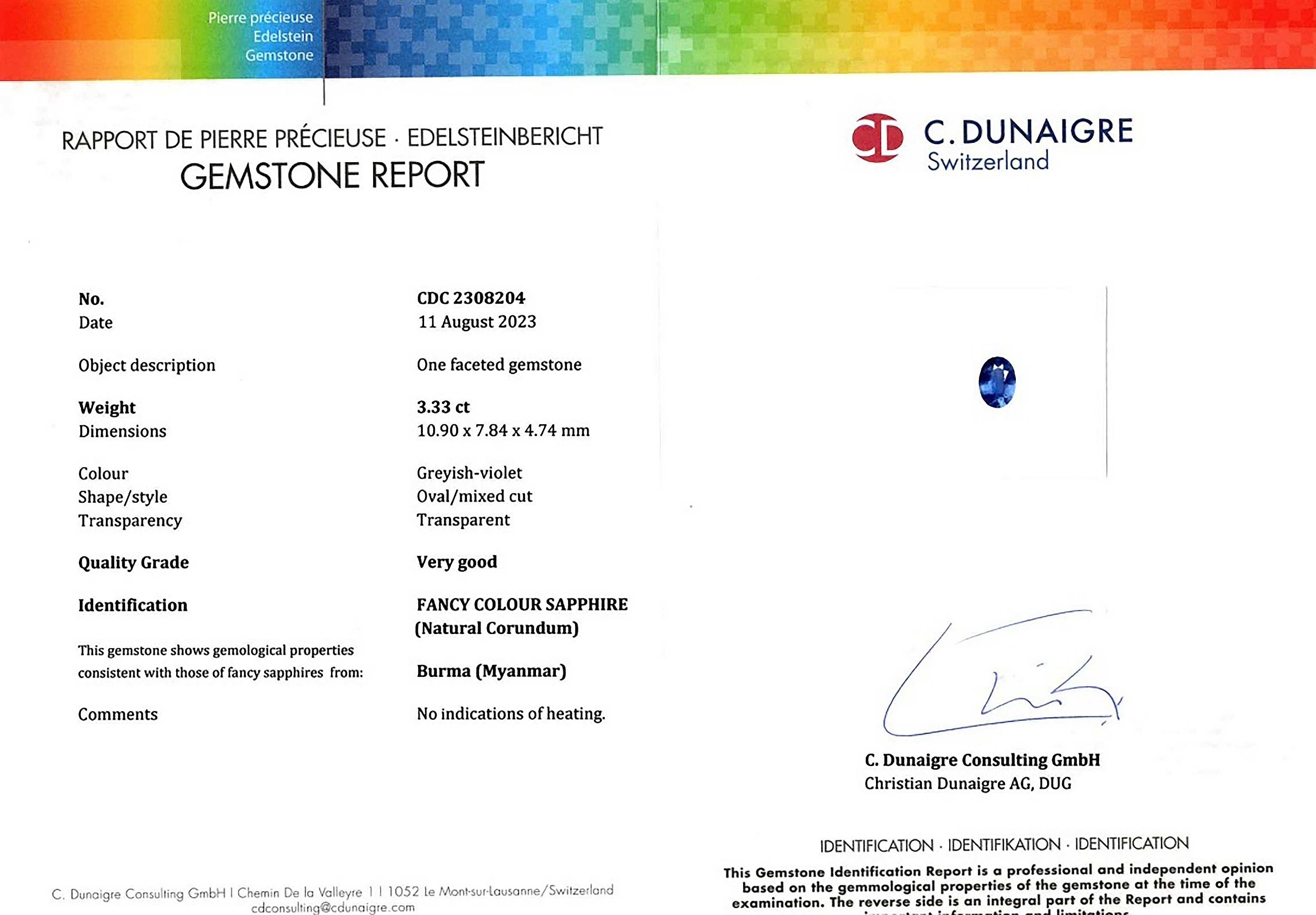 3.33 Ct. Bluish Green Sapphire from Burma (Myanmar)