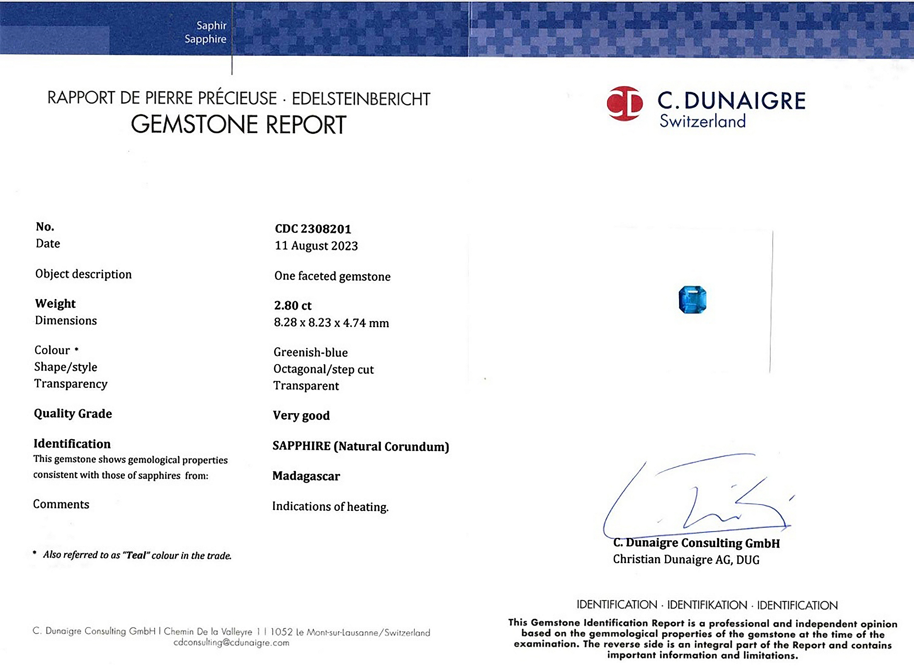 2.80 Ct. Greenish Blue Sapphire from Madagascar