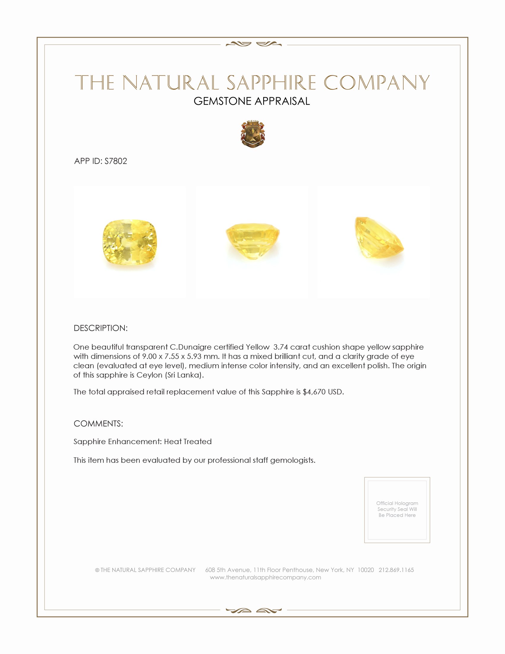 3.74 Ct. Yellow Sapphire from Ceylon (Sri Lanka)