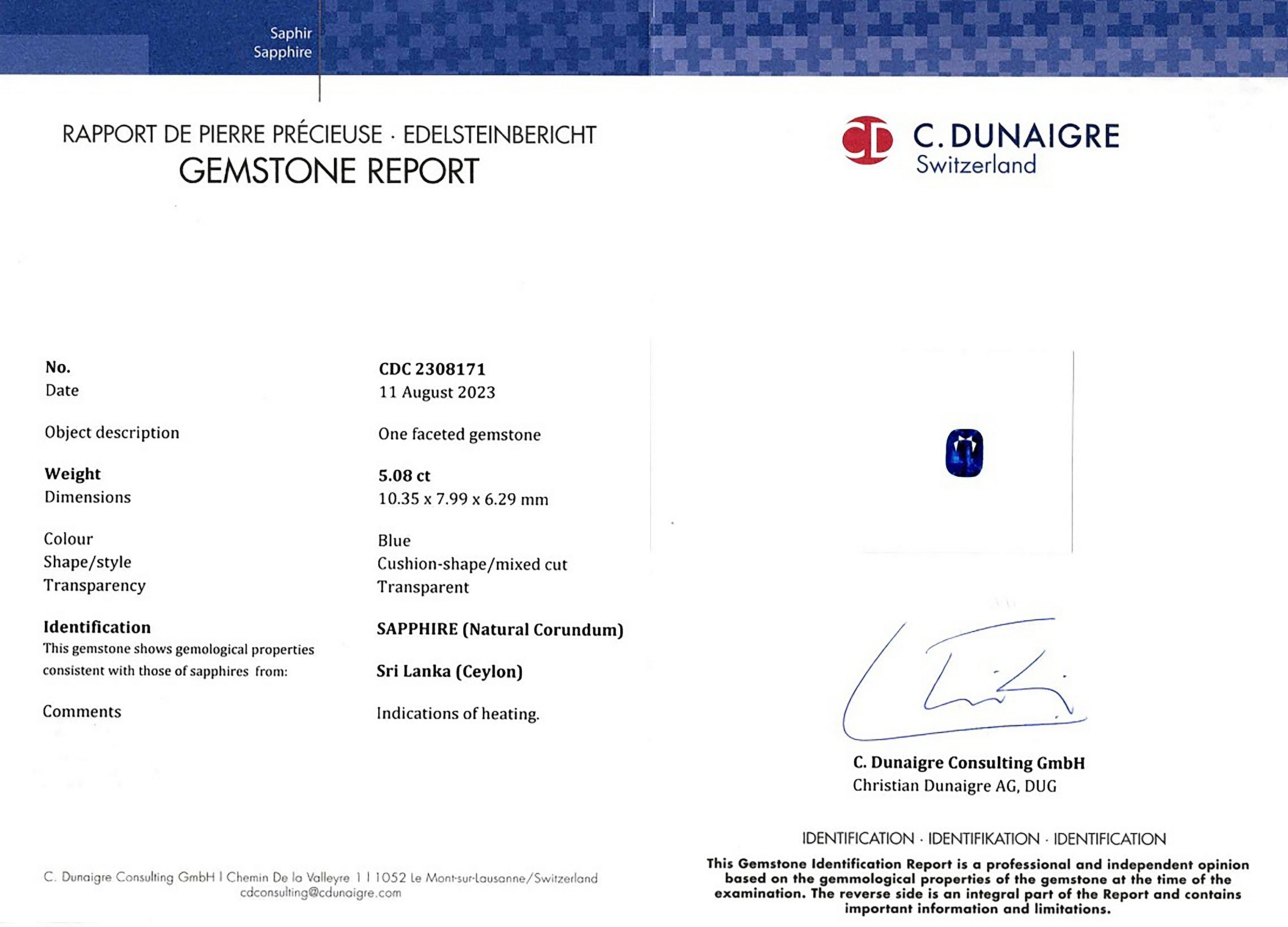 5.08 Ct. Blue Sapphire from Ceylon (Sri Lanka)