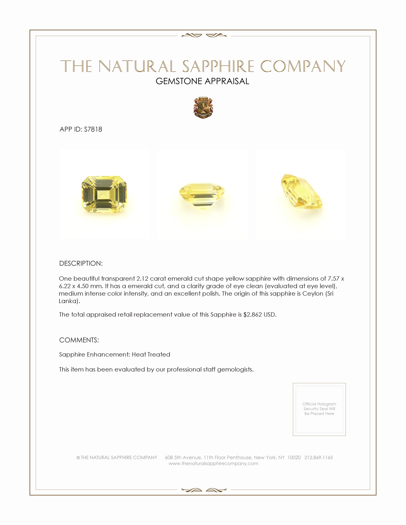2.12 Ct. Yellow Sapphire from Ceylon (Sri Lanka)