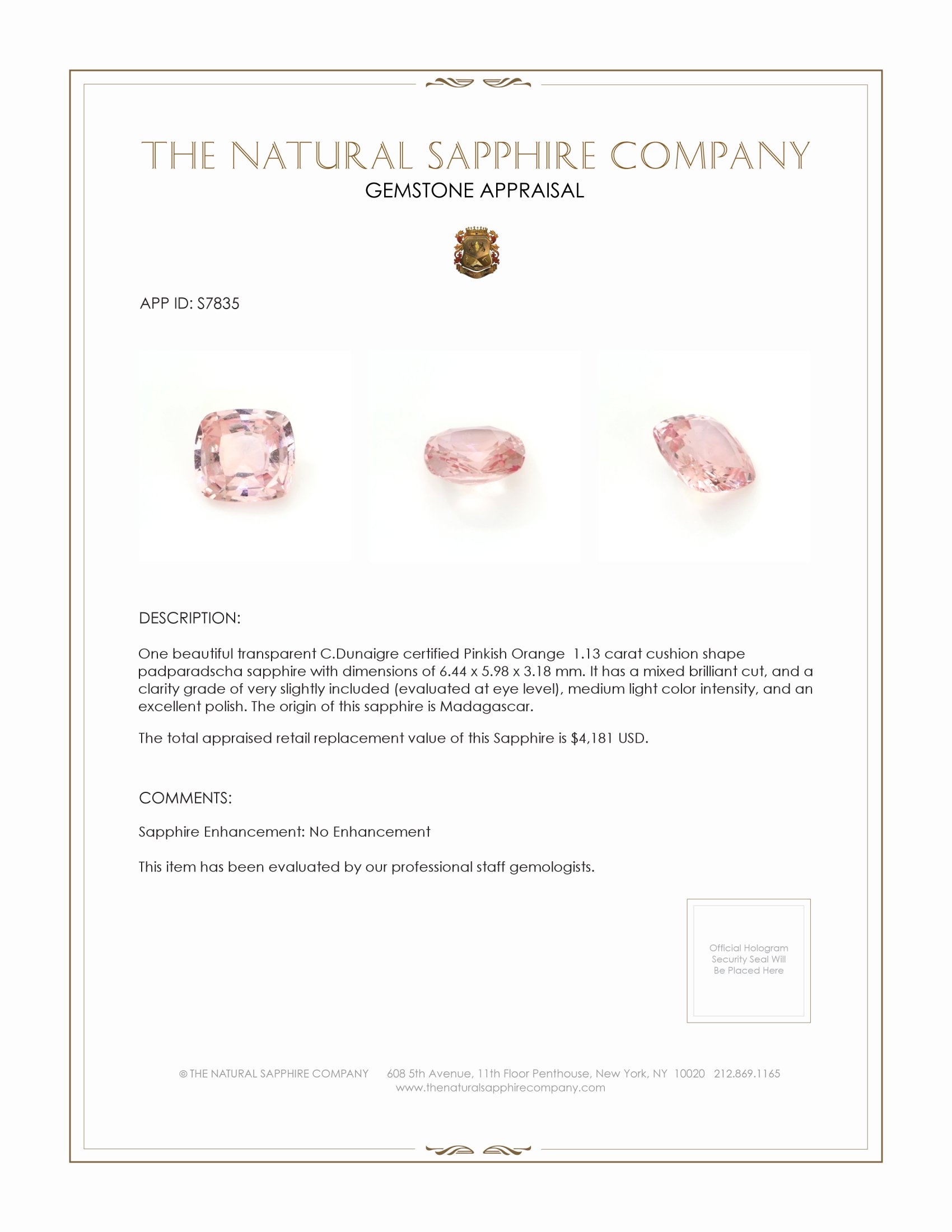 1.13 Ct. Padparadscha Sapphire from Madagascar