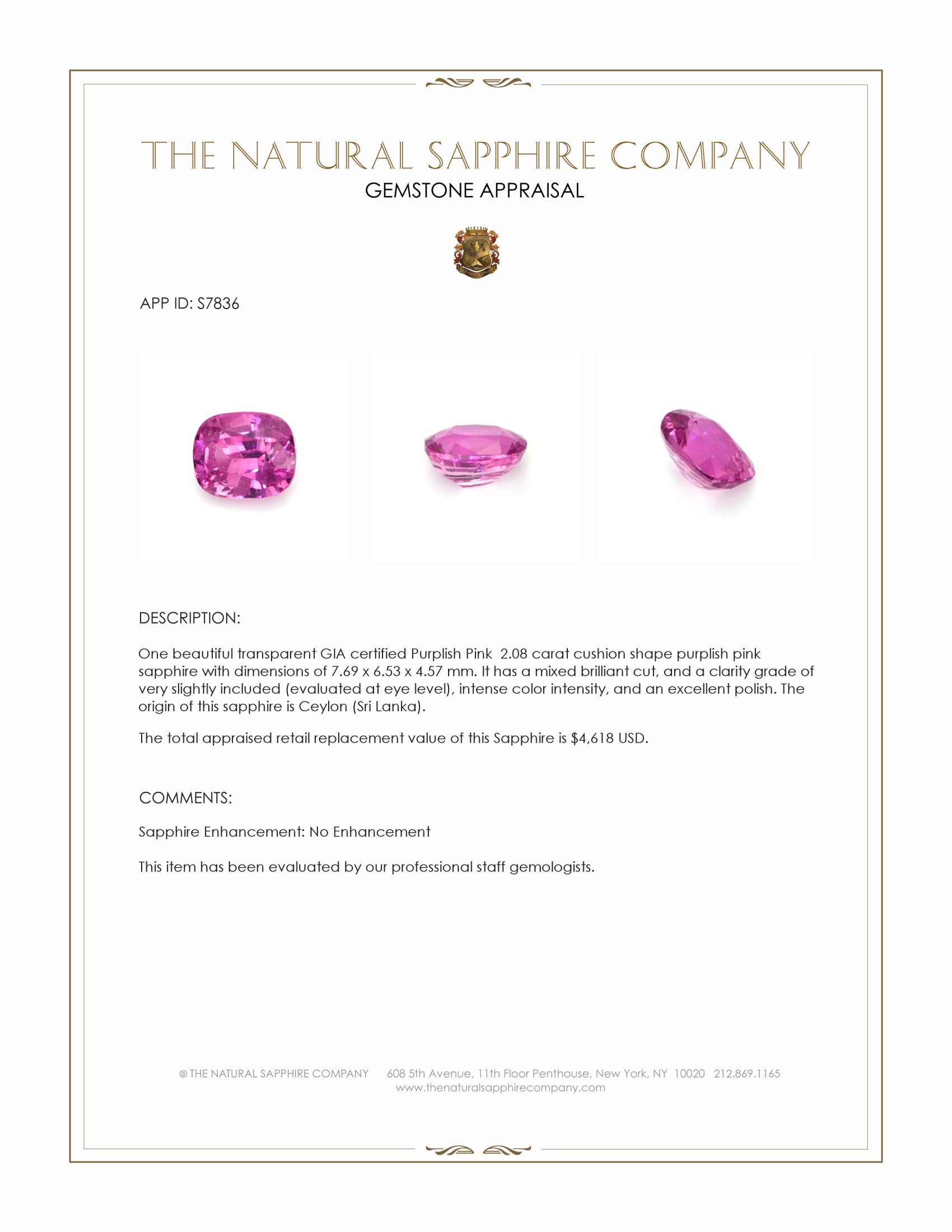 2.08 Ct. Purplish Pink Sapphire from Ceylon (Sri Lanka)