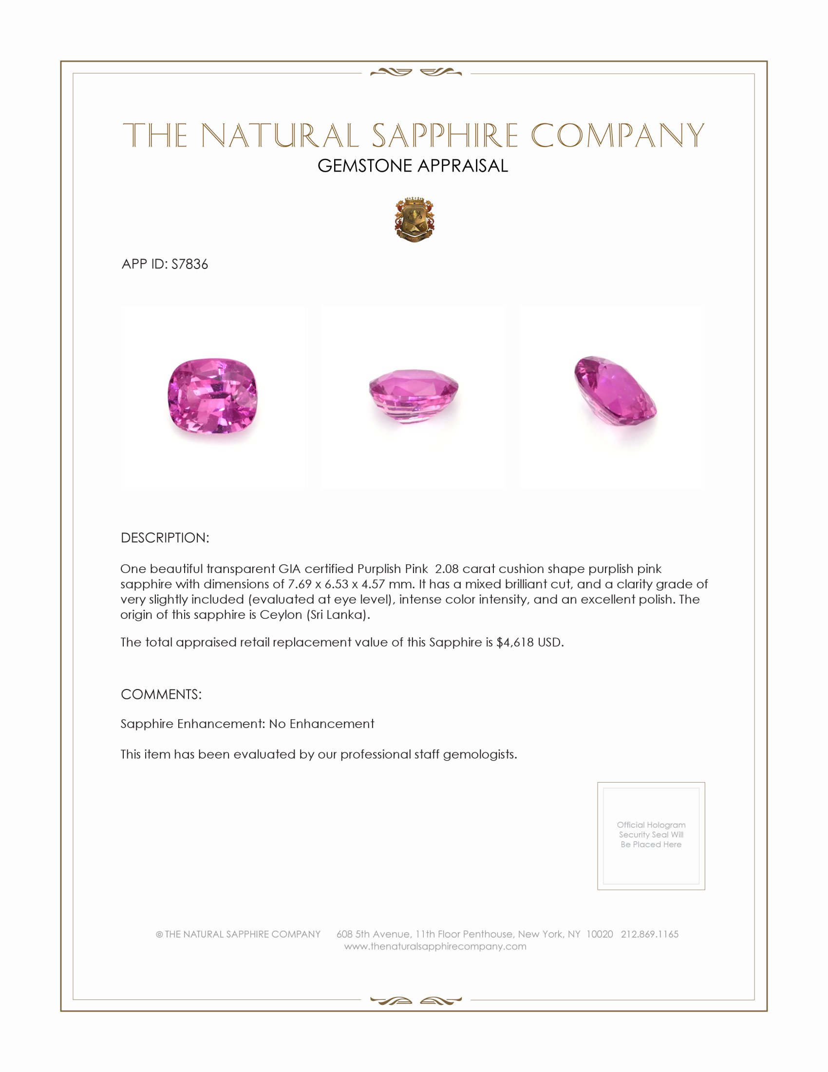 2.08 Ct. Purplish Pink Sapphire from Ceylon (Sri Lanka)