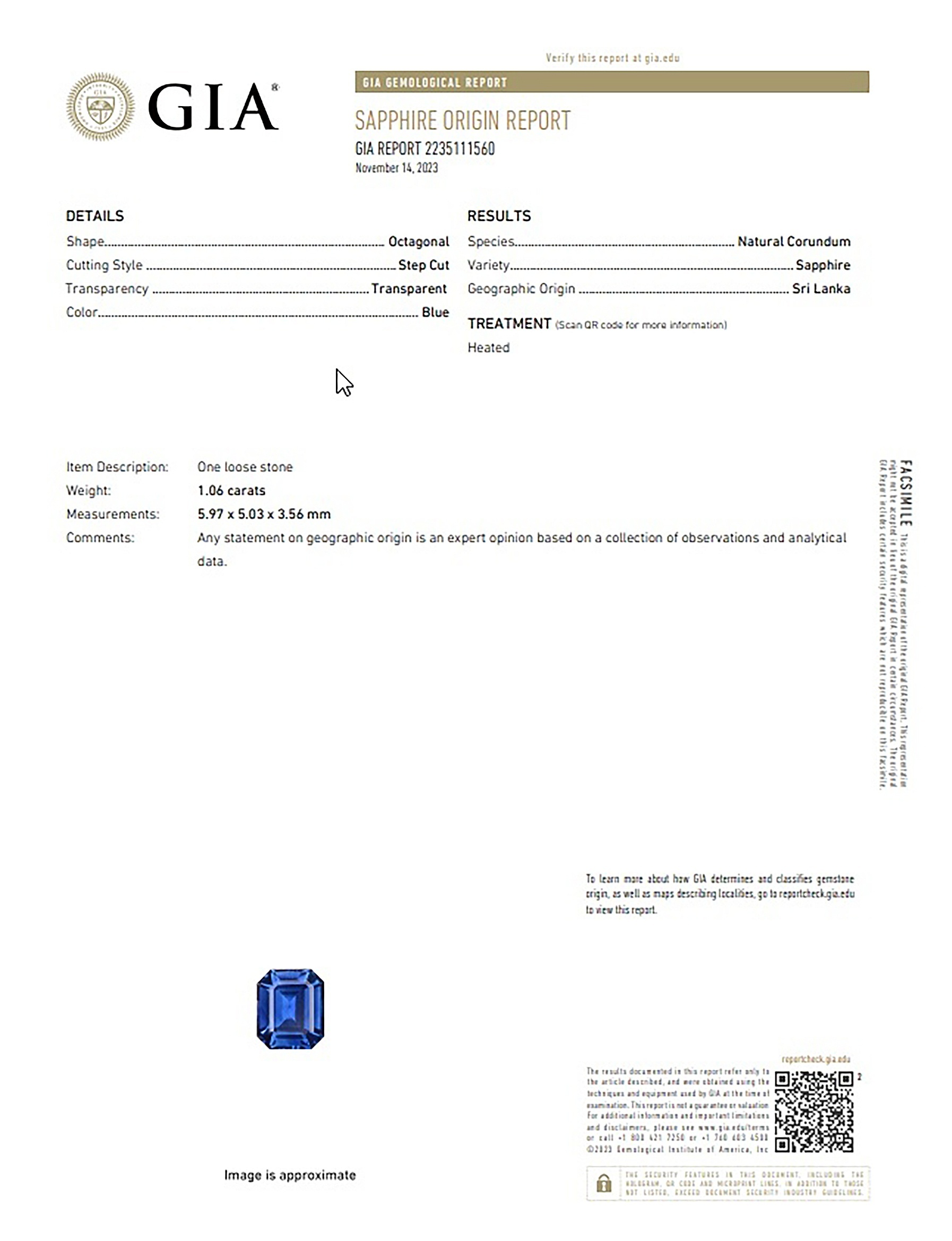 1.06 Ct. Blue Sapphire from Ceylon (Sri Lanka)