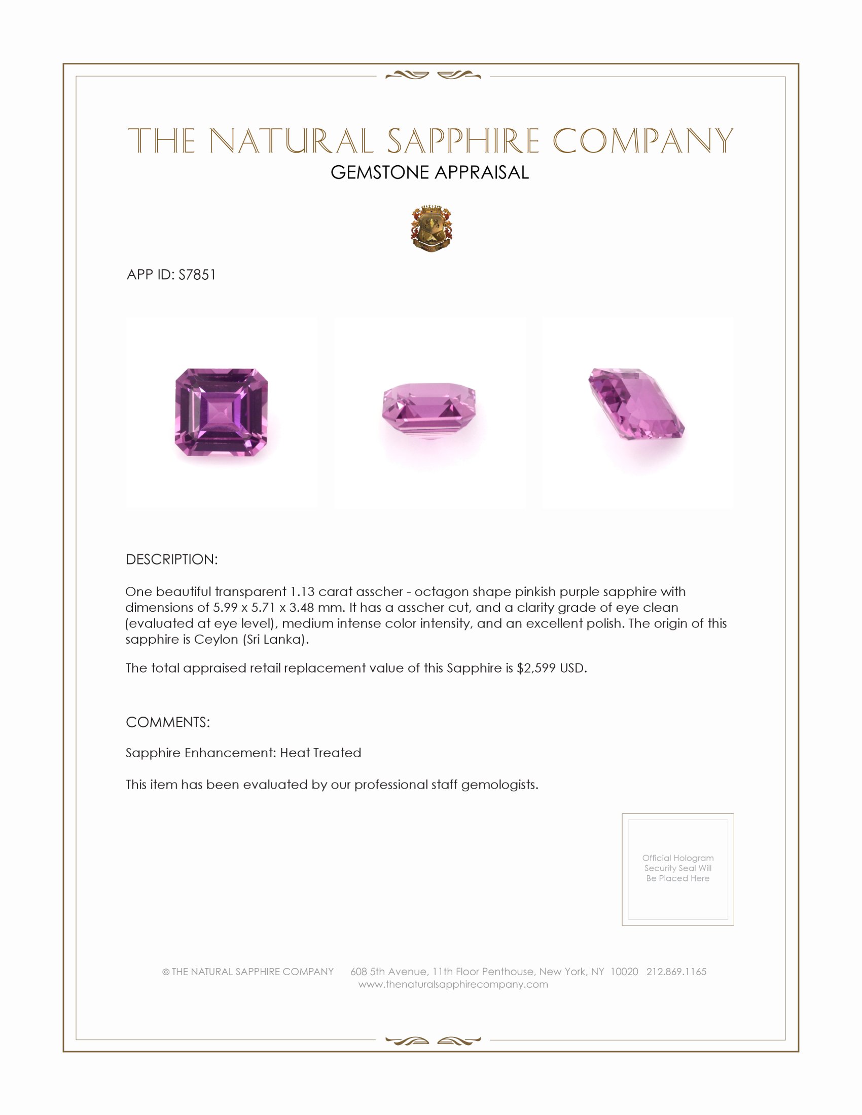 1.13 Ct. Pinkish Purple Sapphire from Ceylon (Sri Lanka)