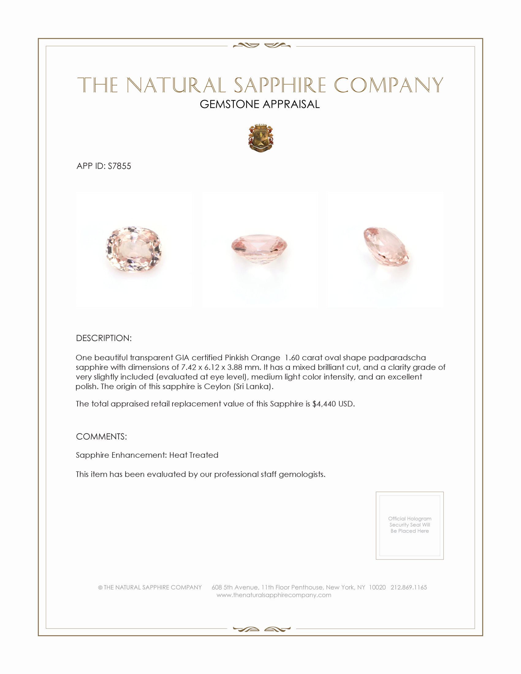 1.60 Ct. Padparadscha Sapphire from Ceylon (Sri Lanka)