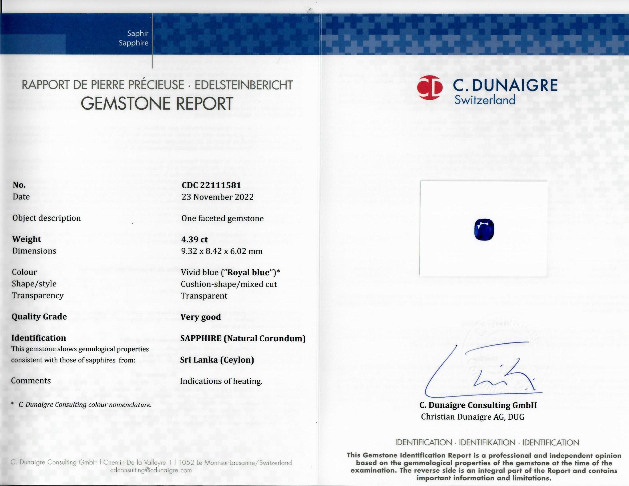 4.39 Ct. Blue Sapphire from Ceylon (Sri Lanka)