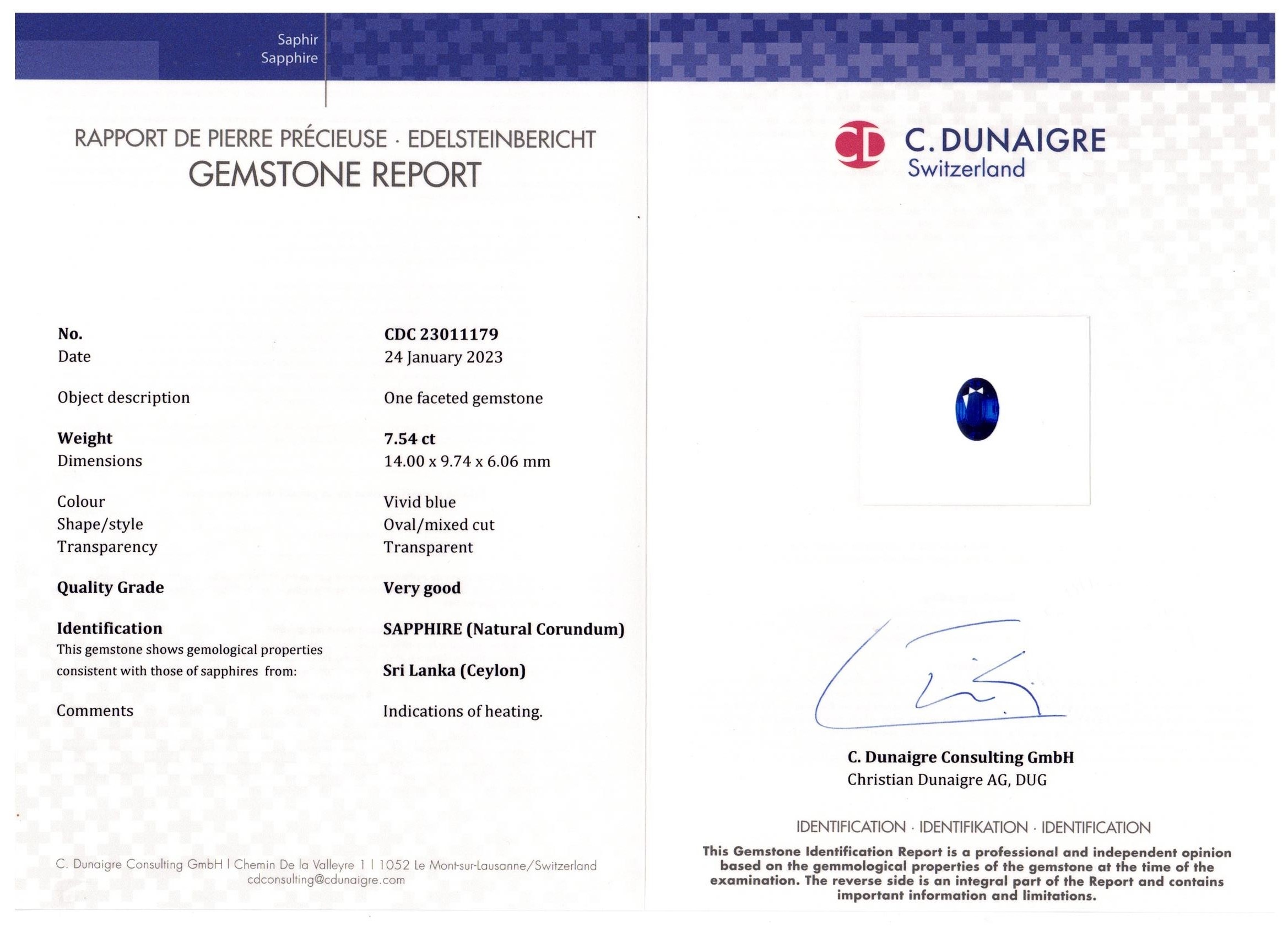 7.54 Ct. Blue Sapphire from Ceylon (Sri Lanka)