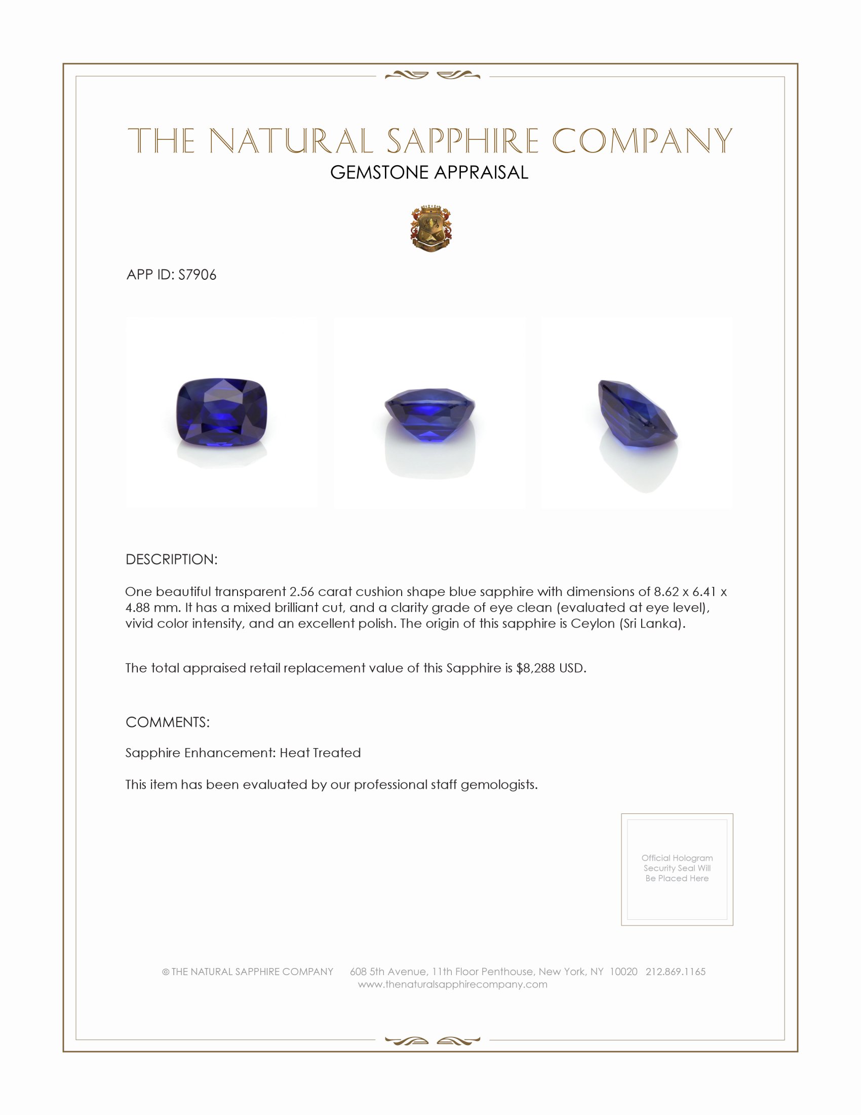 2.56 Ct. Blue Sapphire from Ceylon (Sri Lanka)
