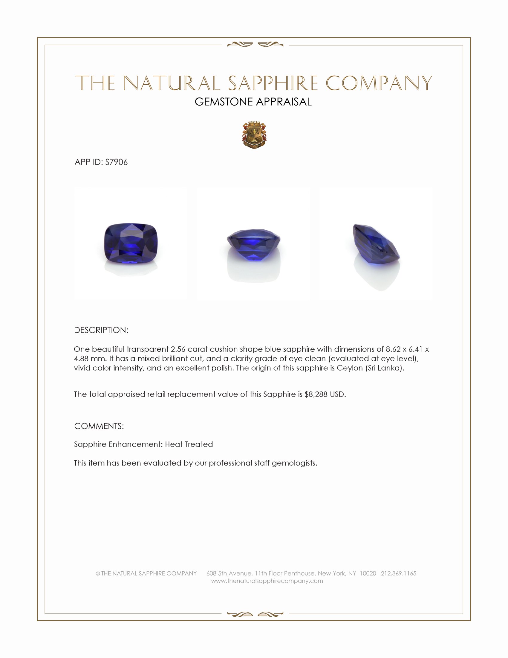 2.56 Ct. Blue Sapphire from Ceylon (Sri Lanka)