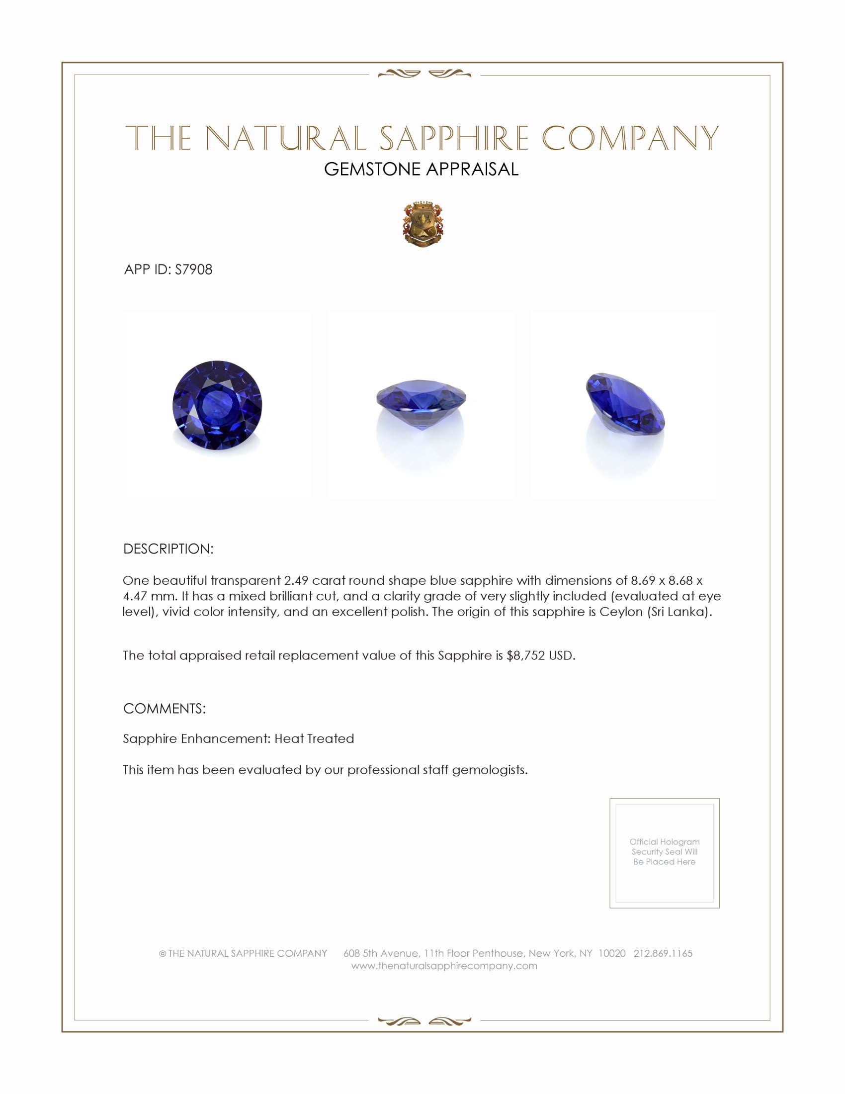 2.49 Ct. Blue Sapphire from Ceylon (Sri Lanka)