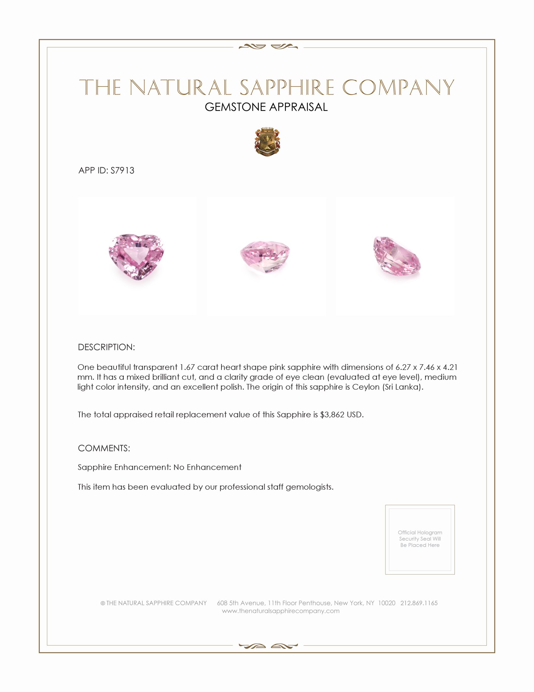 1.67 Ct. Pink Sapphire from Ceylon (Sri Lanka)