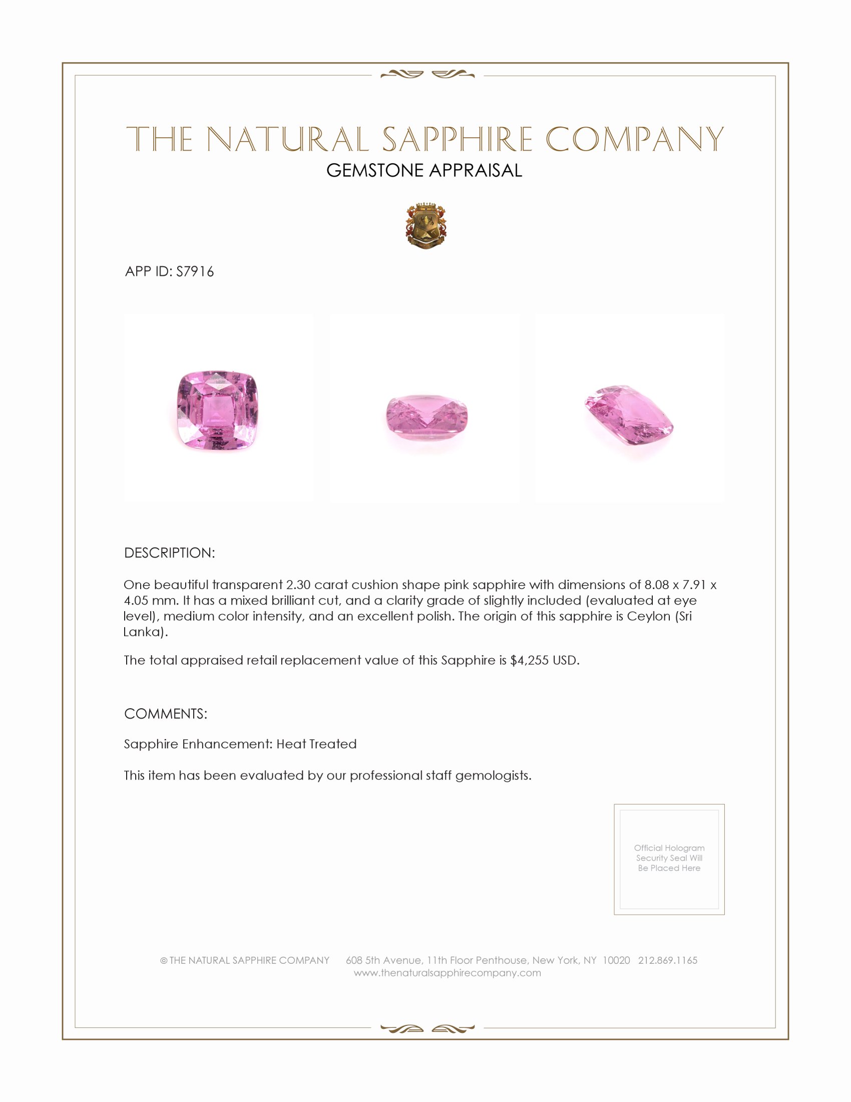 2.30 Ct. Pink Sapphire from Ceylon (Sri Lanka)