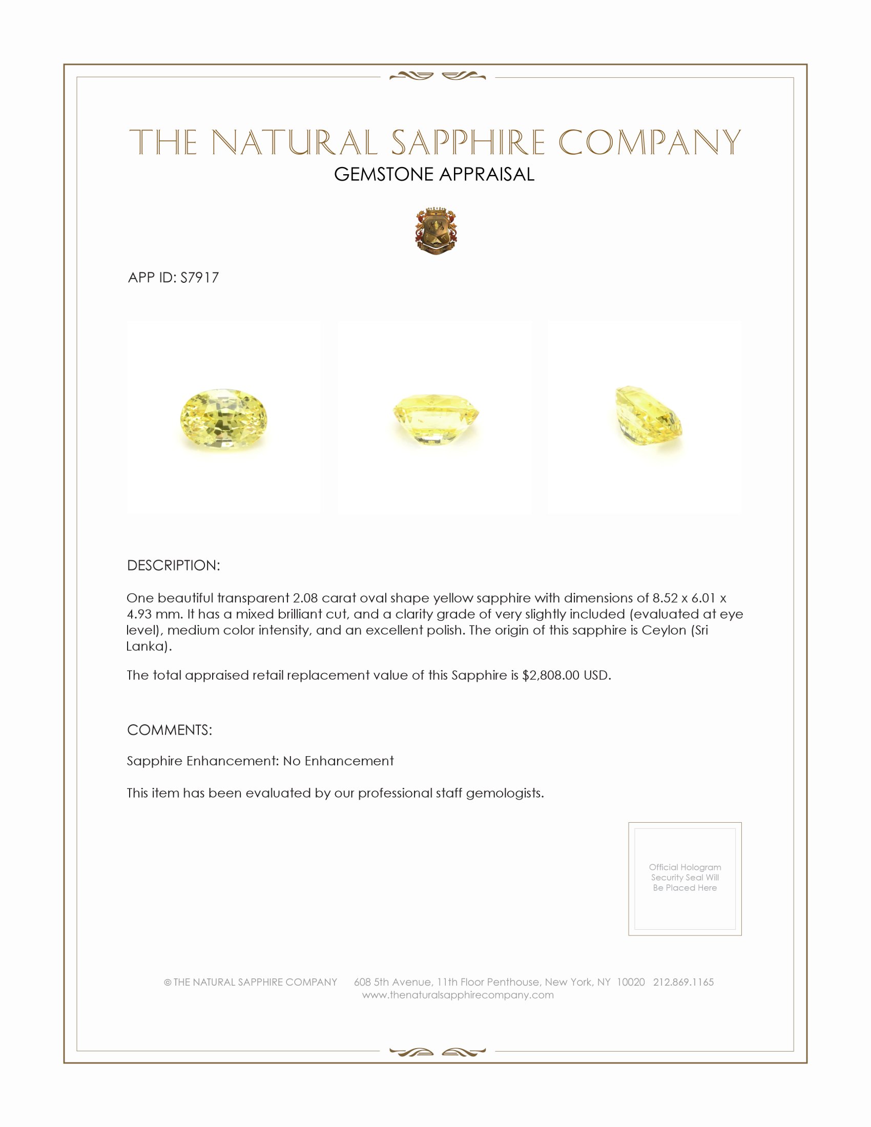 2.08 Ct. Yellow Sapphire from Ceylon (Sri Lanka)