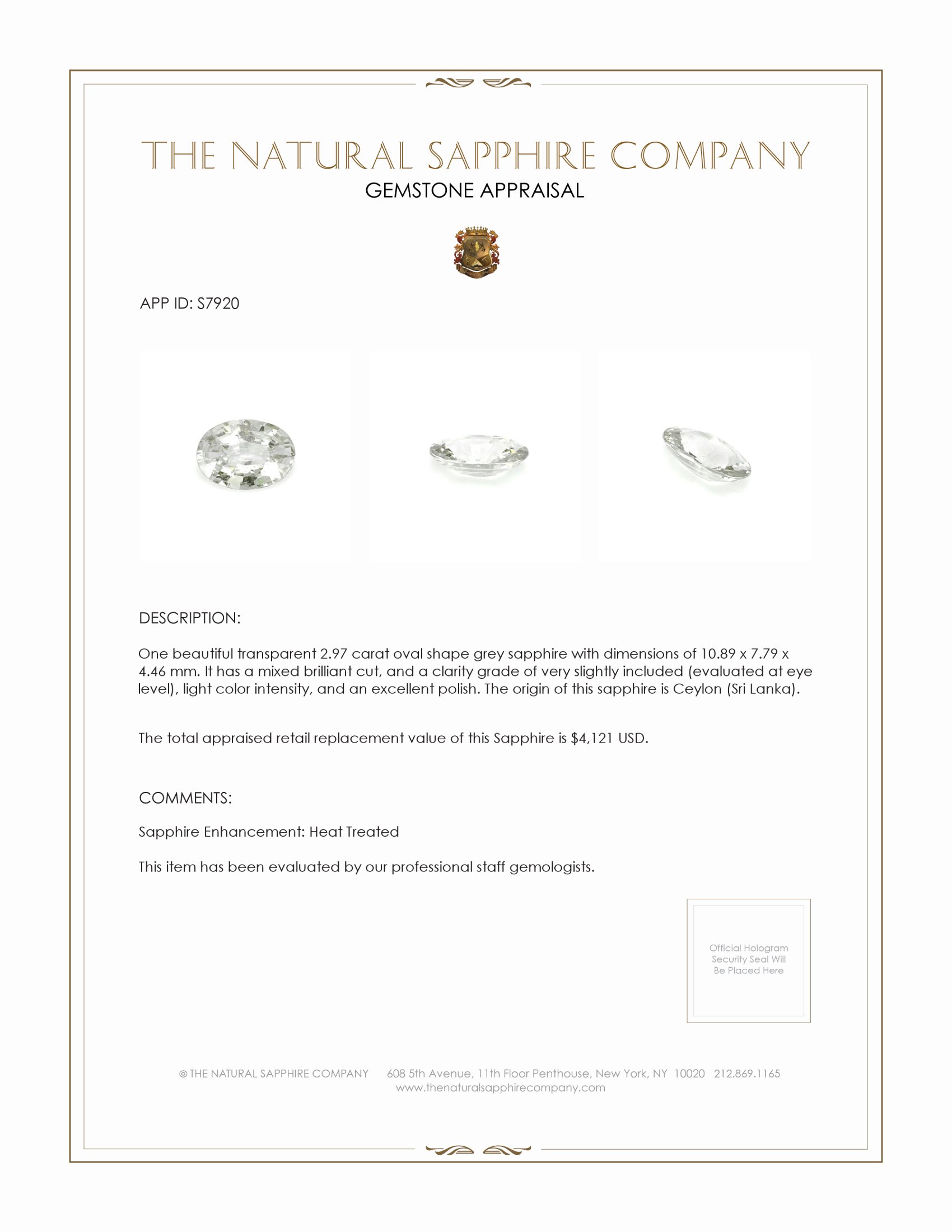 2.97 Ct. Grey Sapphire from Ceylon (Sri Lanka)