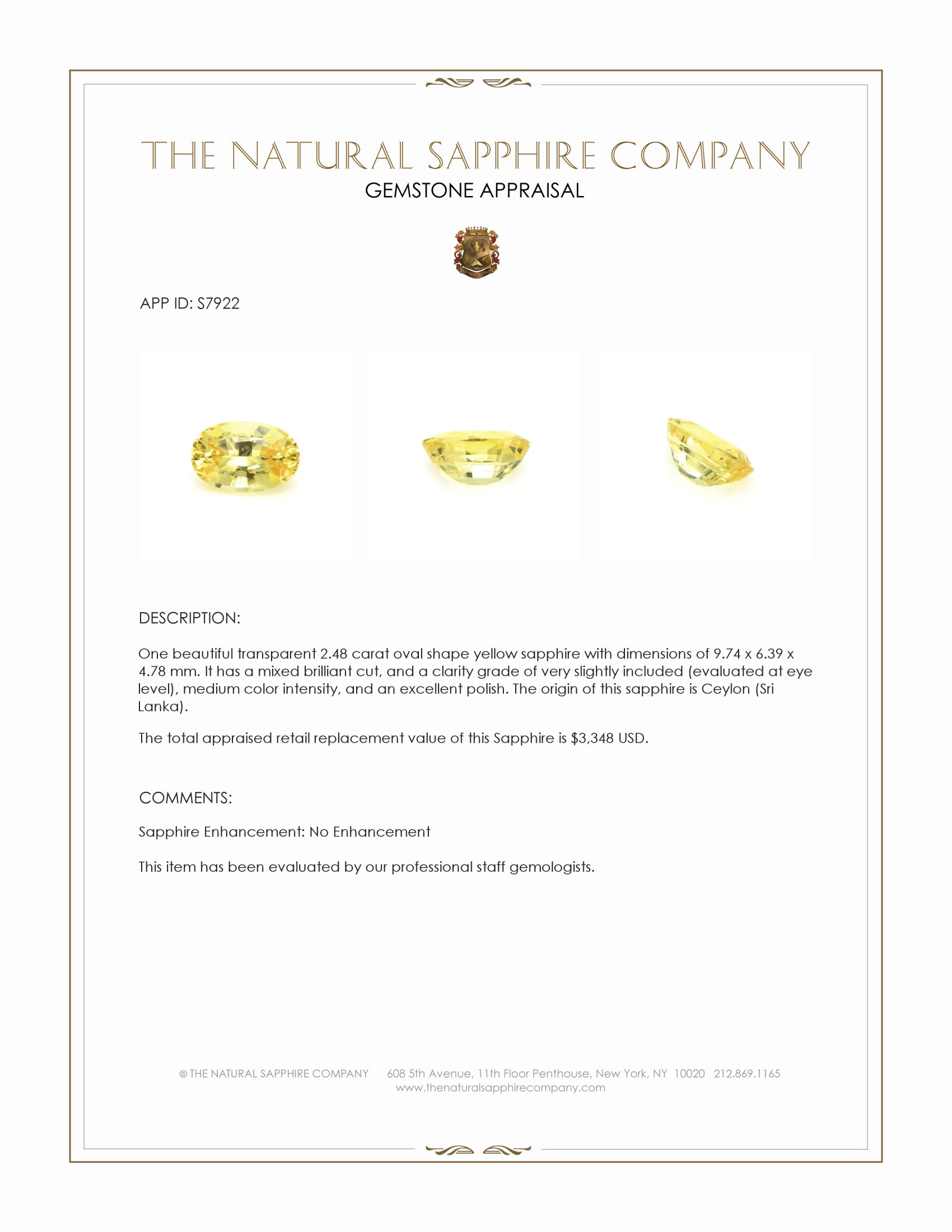 2.48 Ct. Yellow Sapphire from Ceylon (Sri Lanka)