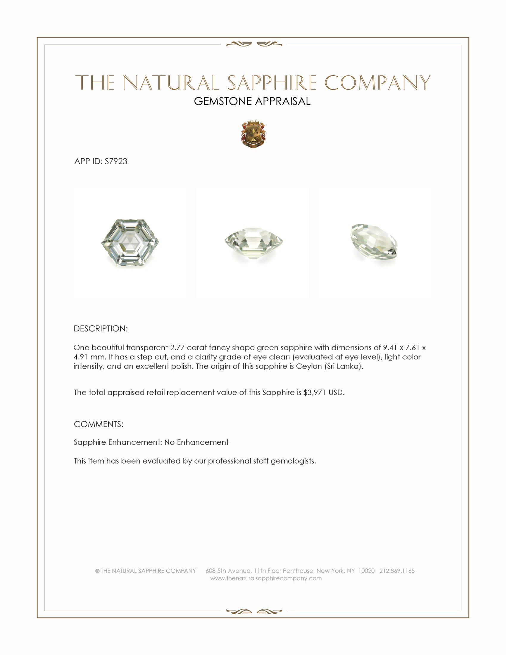 2.77 Ct. Green Sapphire from Ceylon (Sri Lanka)