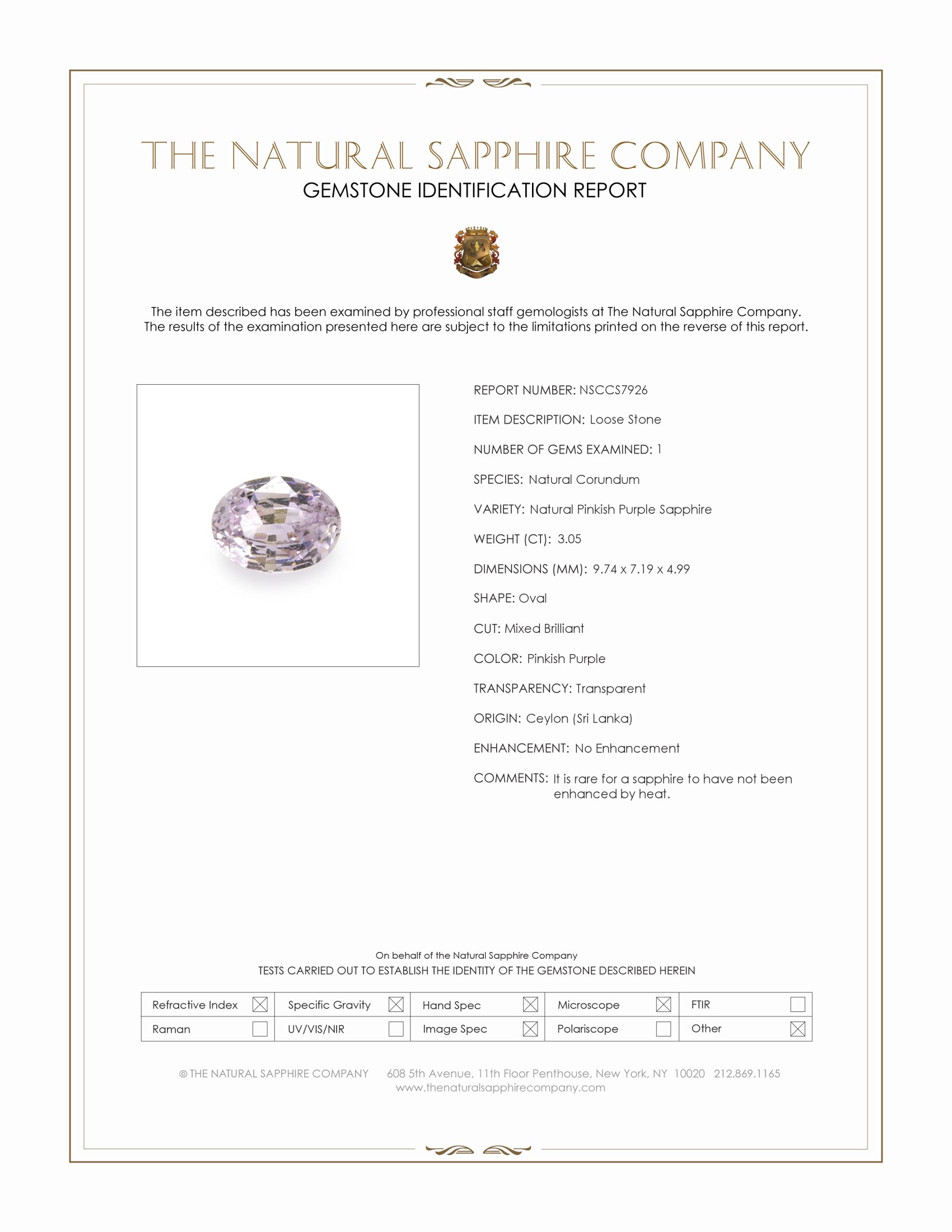 3.05 Ct. Pinkish Purple Sapphire from Ceylon (Sri Lanka)