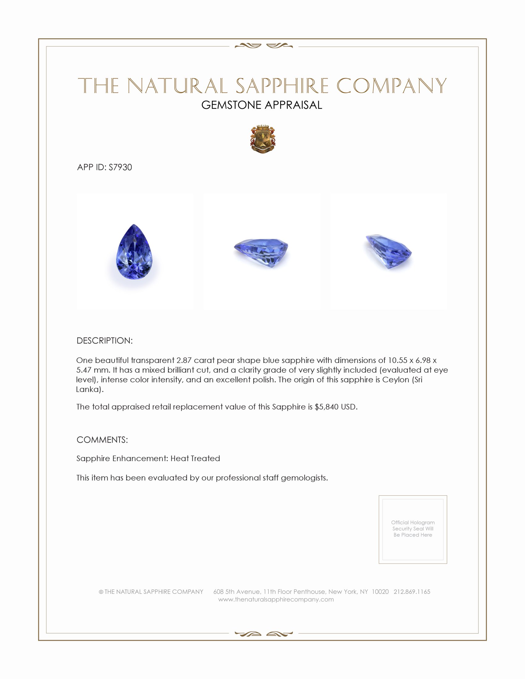 2.87 Ct. Blue Sapphire from Ceylon (Sri Lanka)