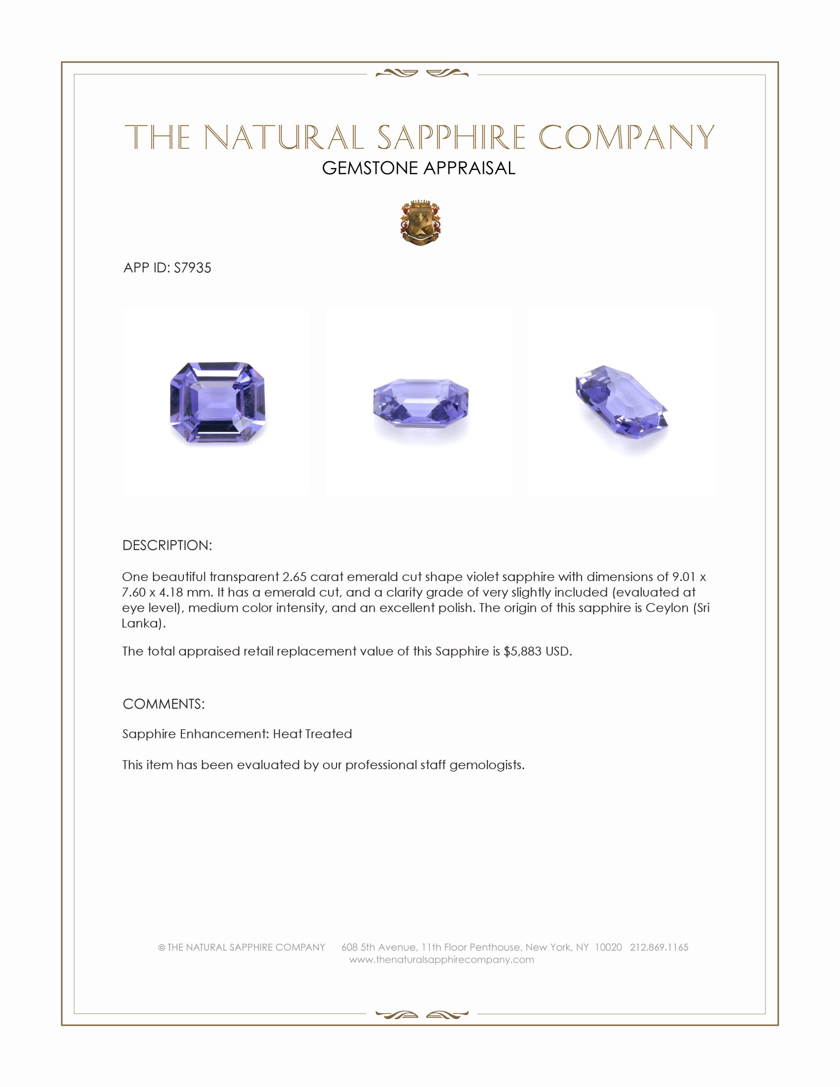 2.65 Ct. Violet Sapphire from Ceylon (Sri Lanka)