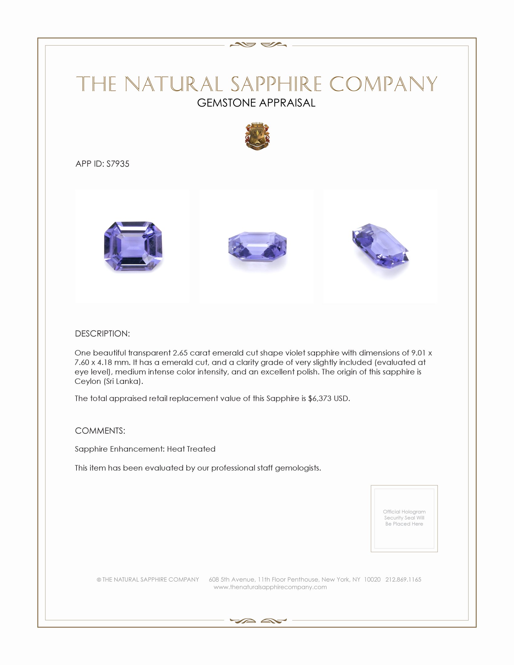 2.65 Ct. Violet Sapphire from Ceylon (Sri Lanka)