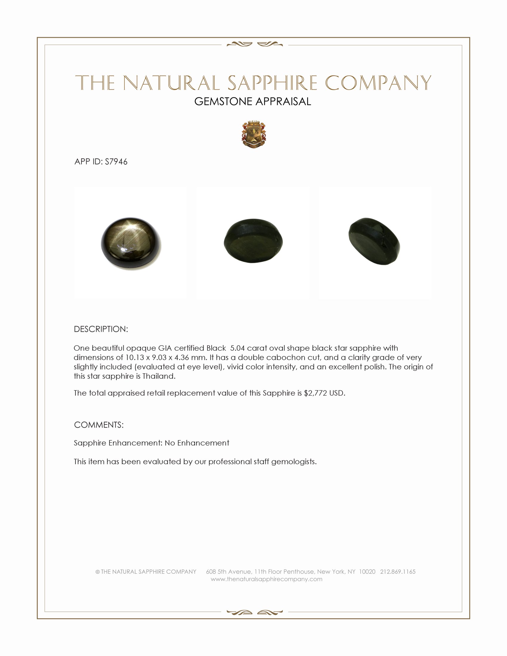 5.04 Ct. Black Star Sapphire from Thailand