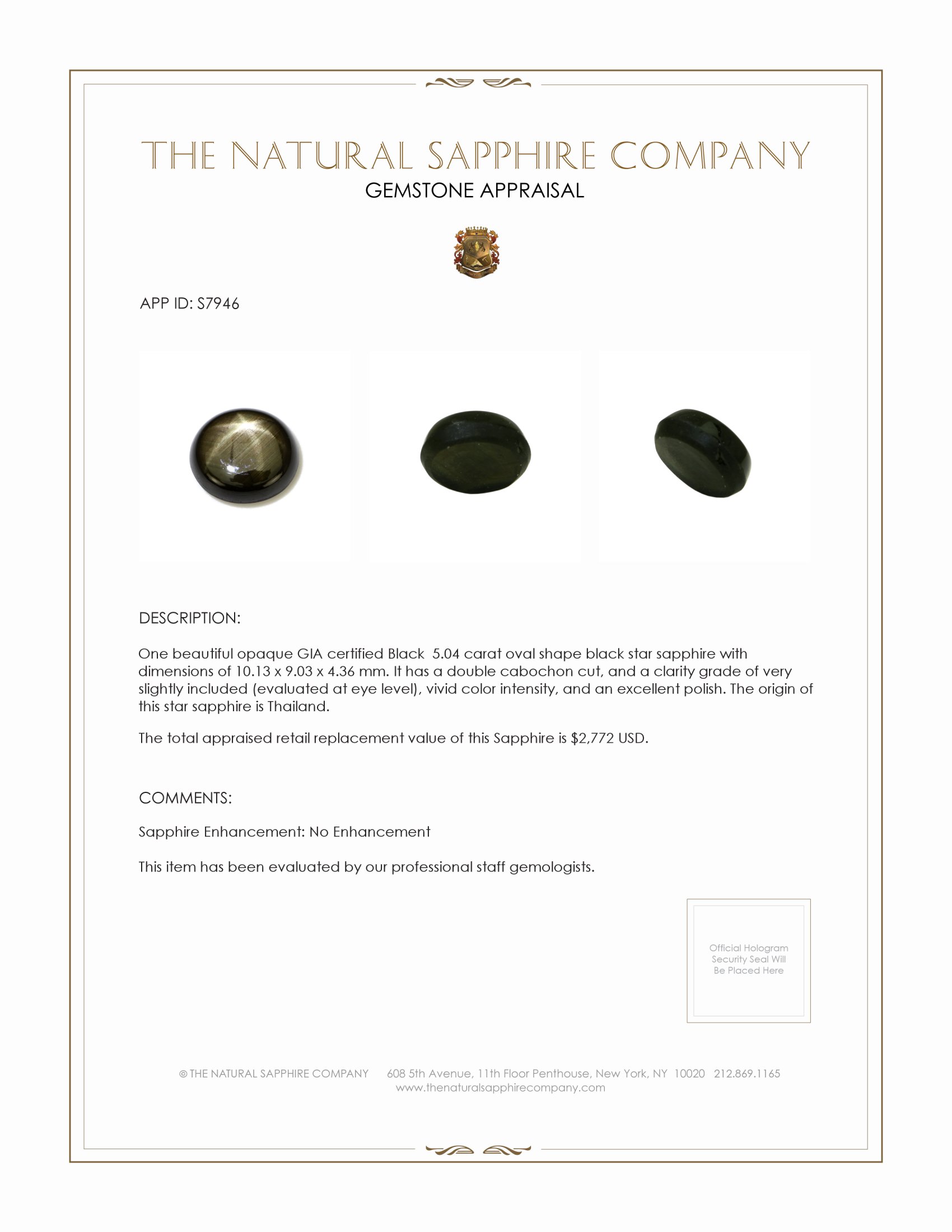 5.04 Ct. Black Star Sapphire from Thailand