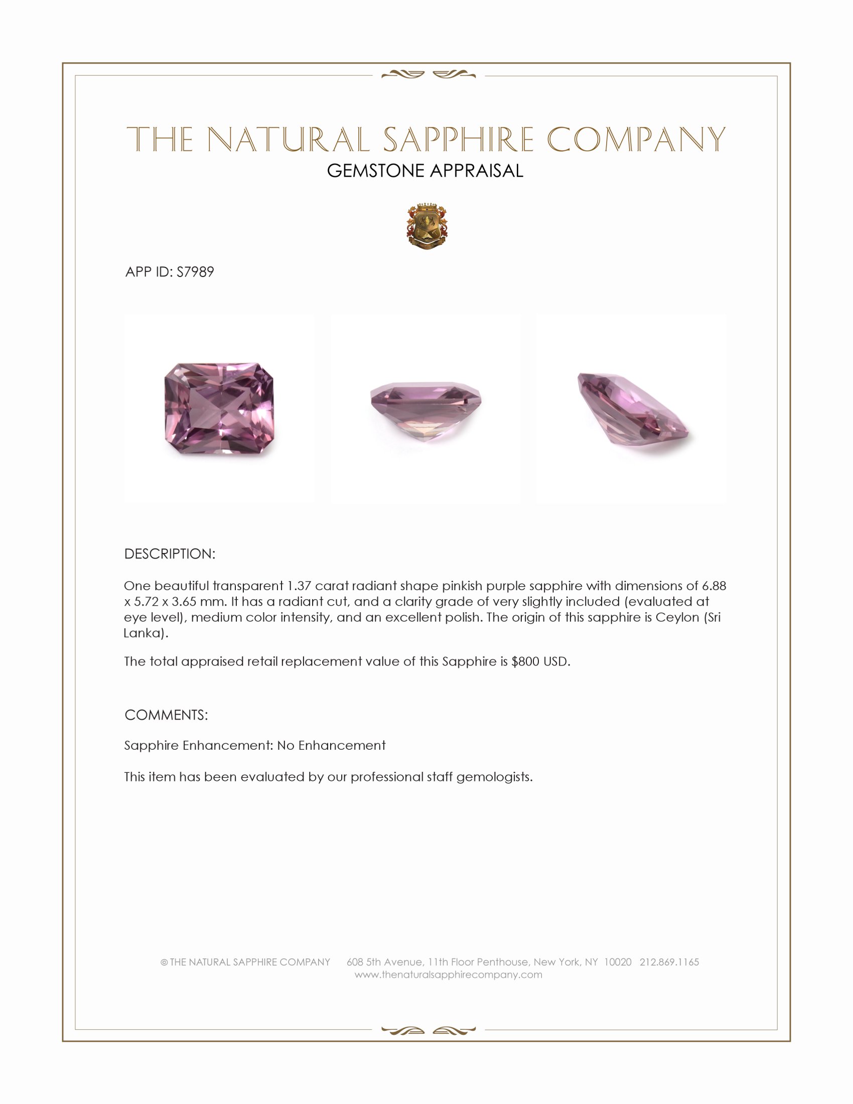 1.37 Ct. Pinkish Purple Sapphire from Ceylon (Sri Lanka)