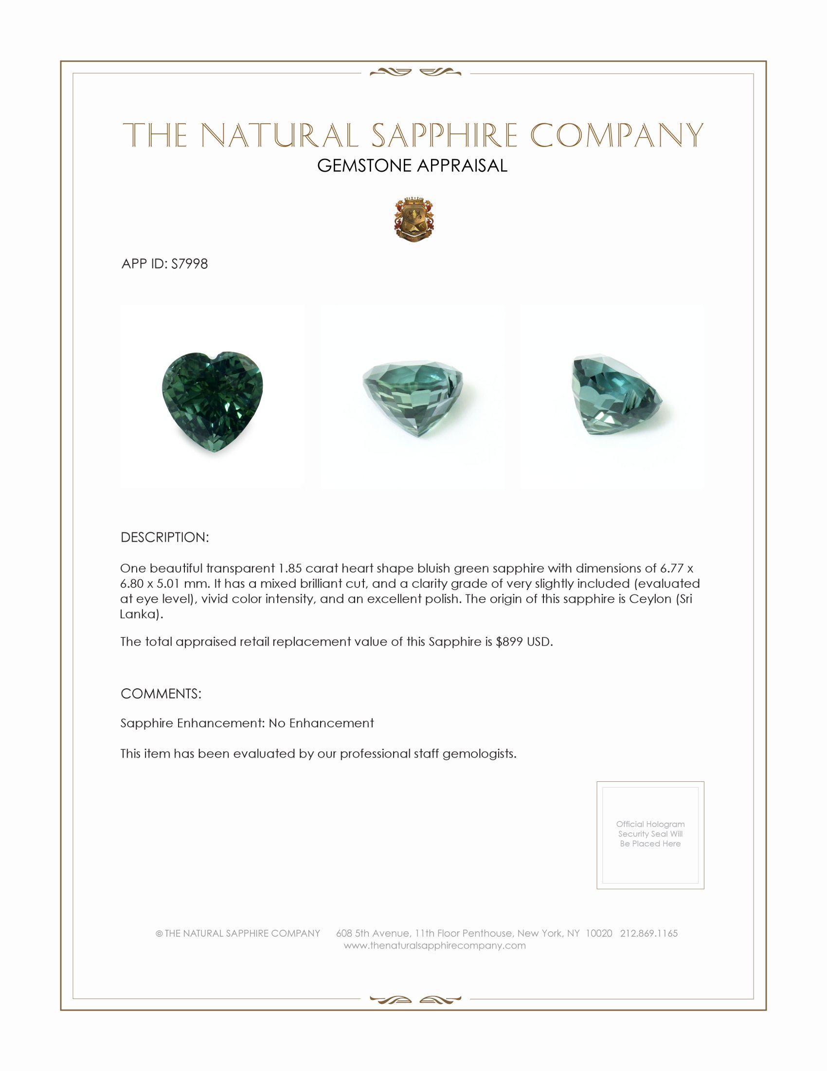 1.85 Ct. Bluish Green Sapphire from Ceylon (Sri Lanka)
