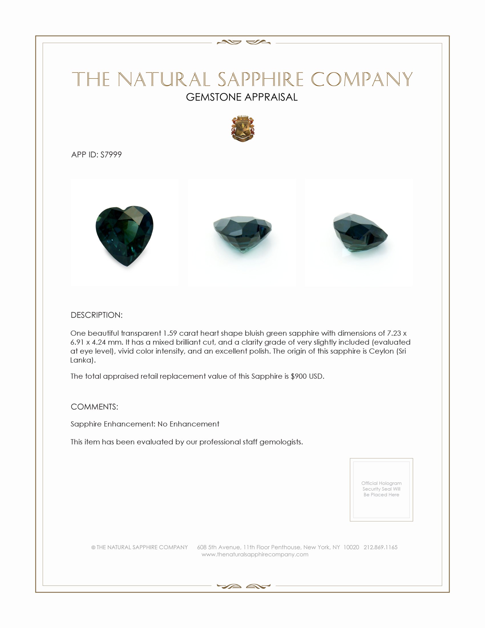 1.59 Ct. Bluish Green Sapphire from Ceylon (Sri Lanka)