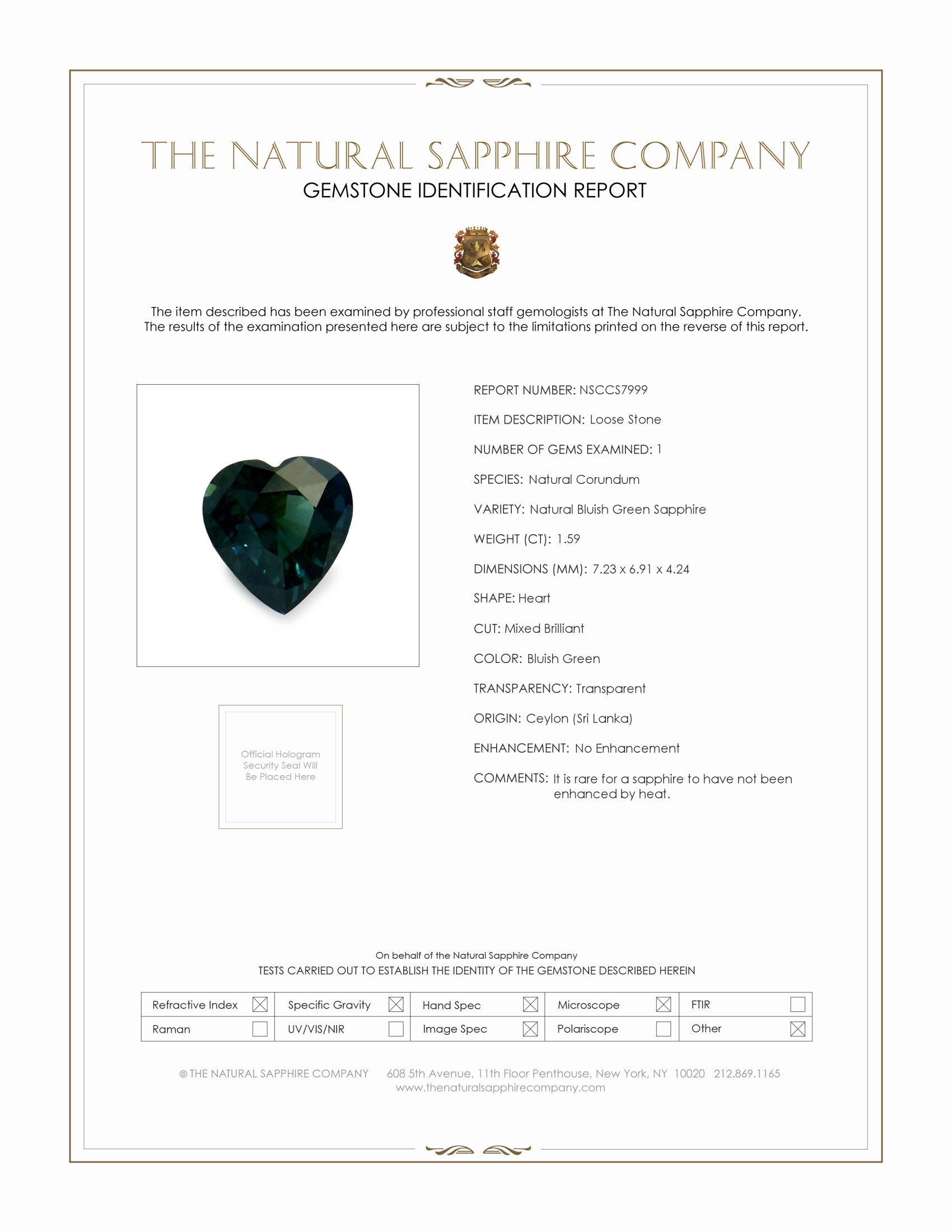 1.59 Ct. Bluish Green Sapphire from Ceylon (Sri Lanka)
