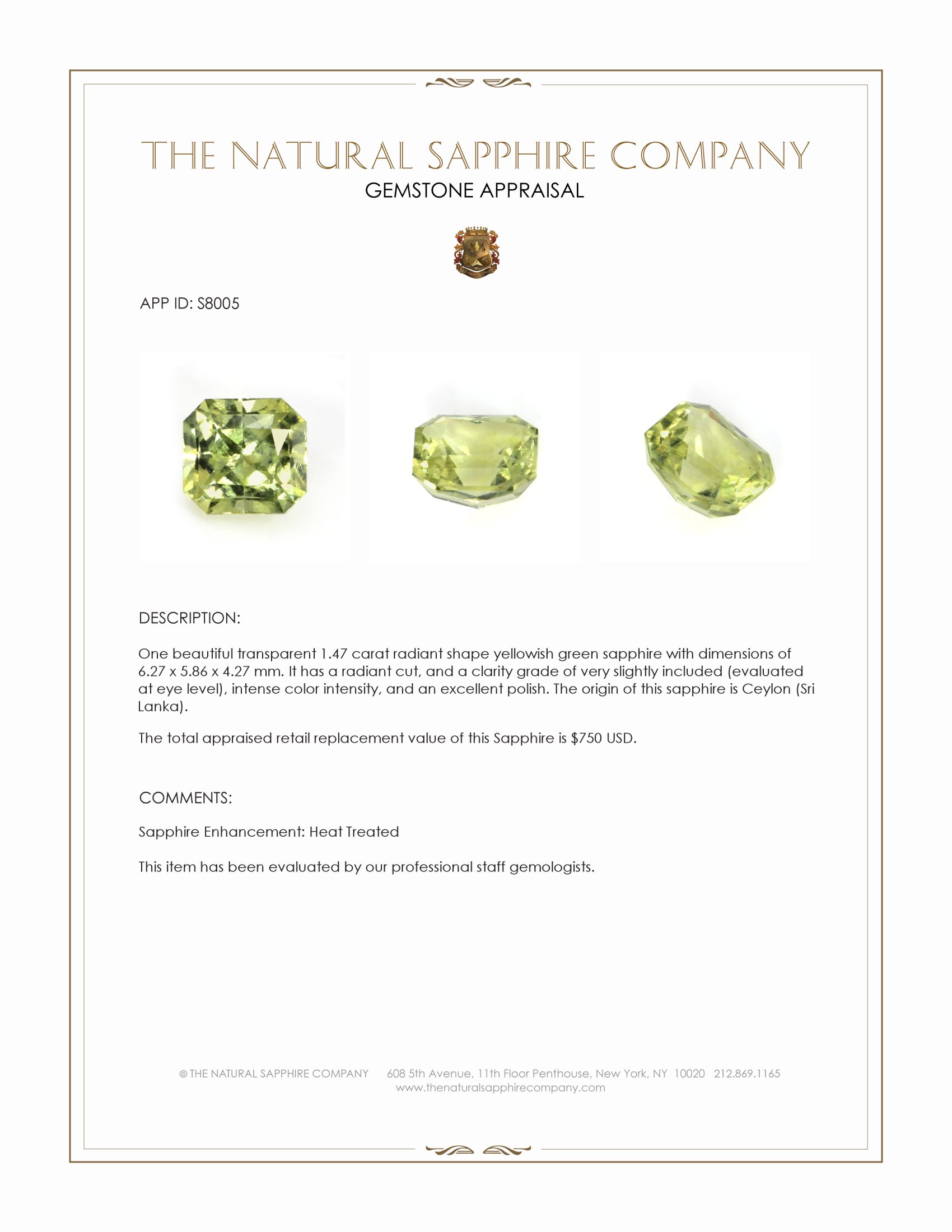 1.47 Ct. Yellowish Green Sapphire from Ceylon (Sri Lanka)