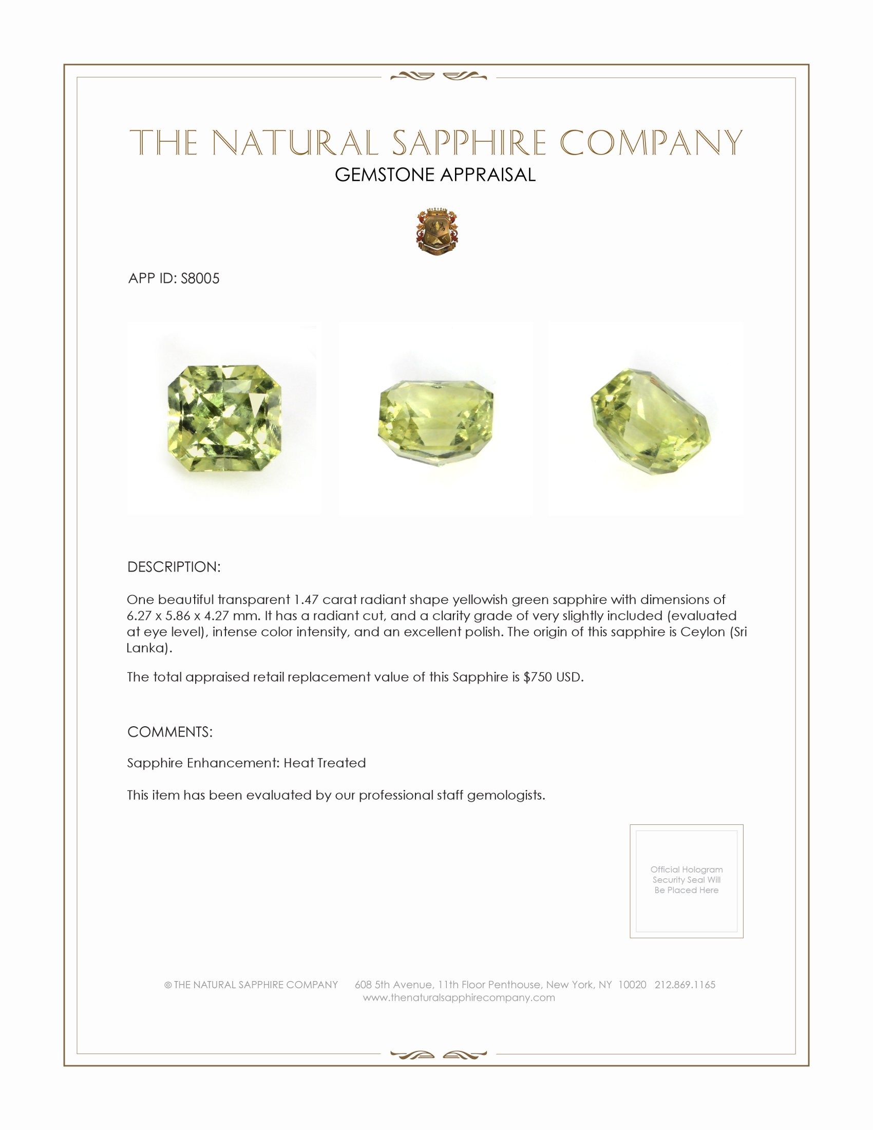 1.47 Ct. Yellowish Green Sapphire from Ceylon (Sri Lanka)