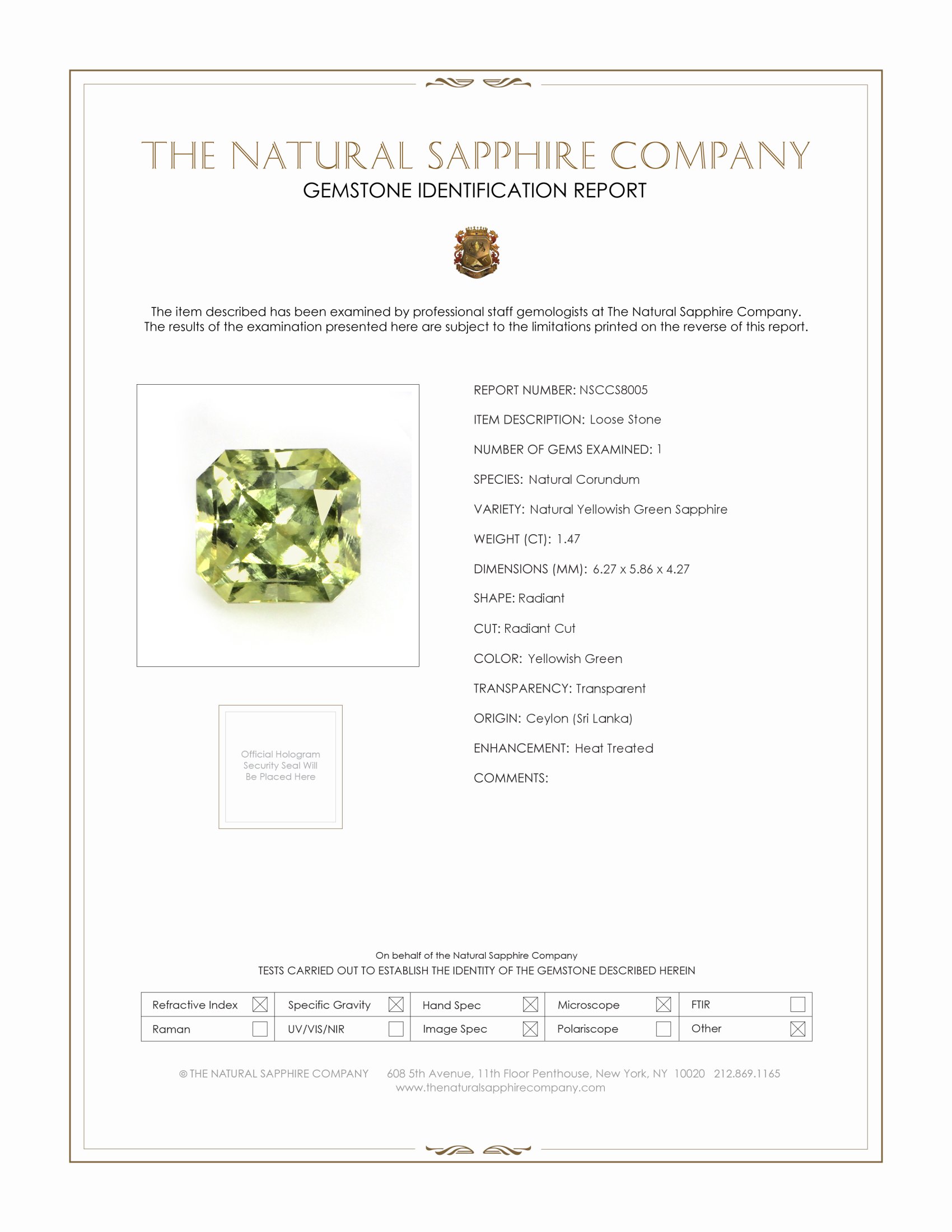 1.47 Ct. Yellowish Green Sapphire from Ceylon (Sri Lanka)