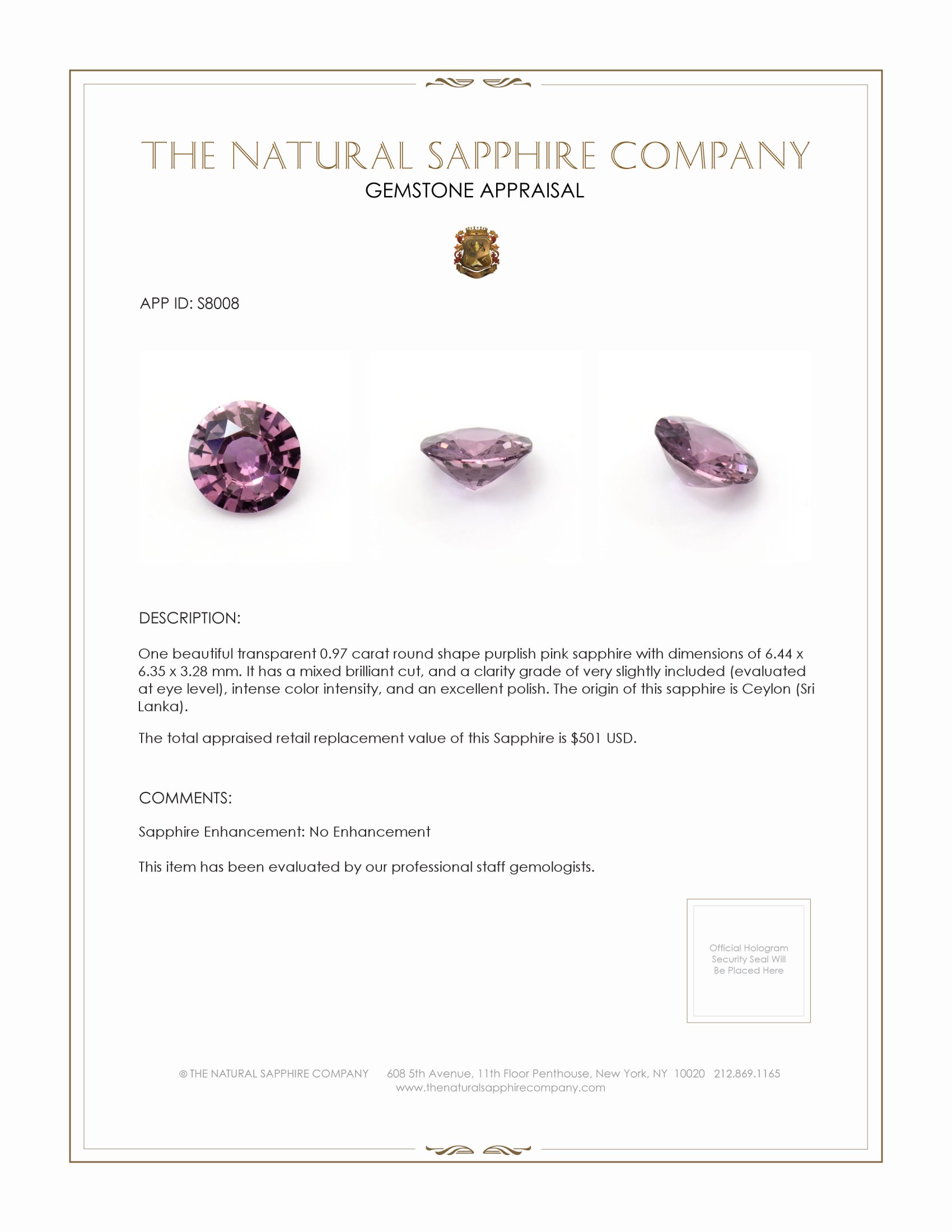 0.97 Ct. Purplish Pink Sapphire from Ceylon (Sri Lanka)
