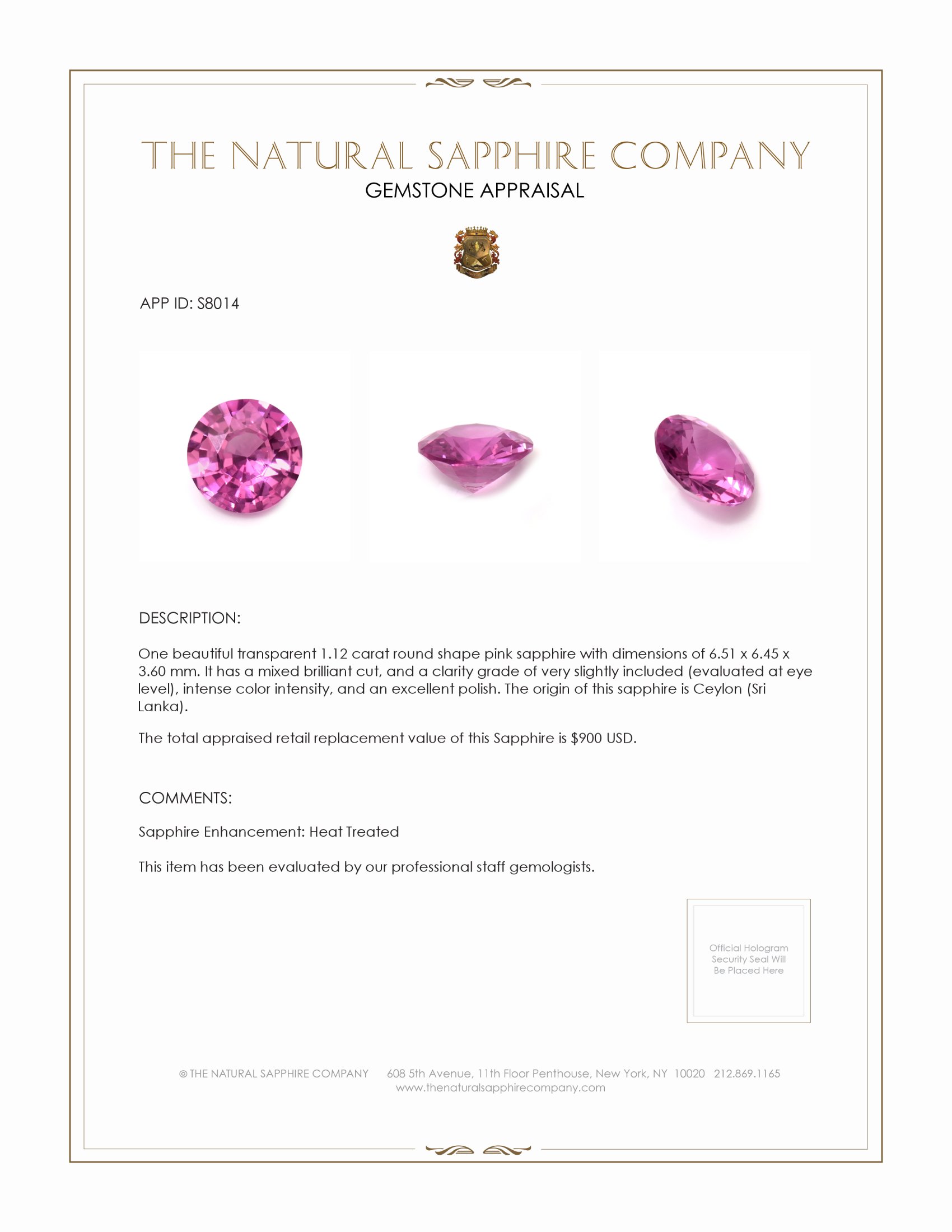 1.12 Ct. Pink Sapphire from Ceylon (Sri Lanka)