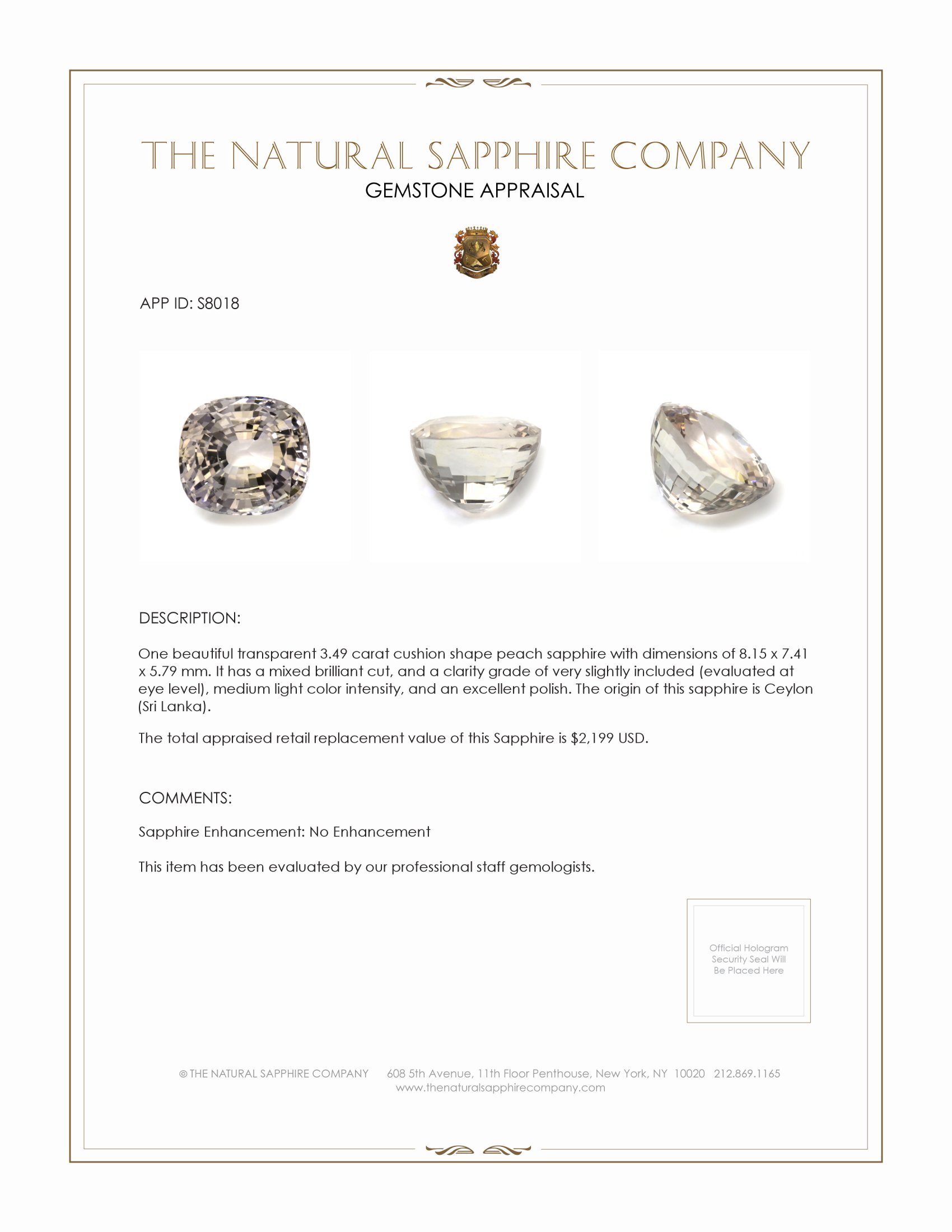 3.49 Ct. Peach Sapphire from Ceylon (Sri Lanka)