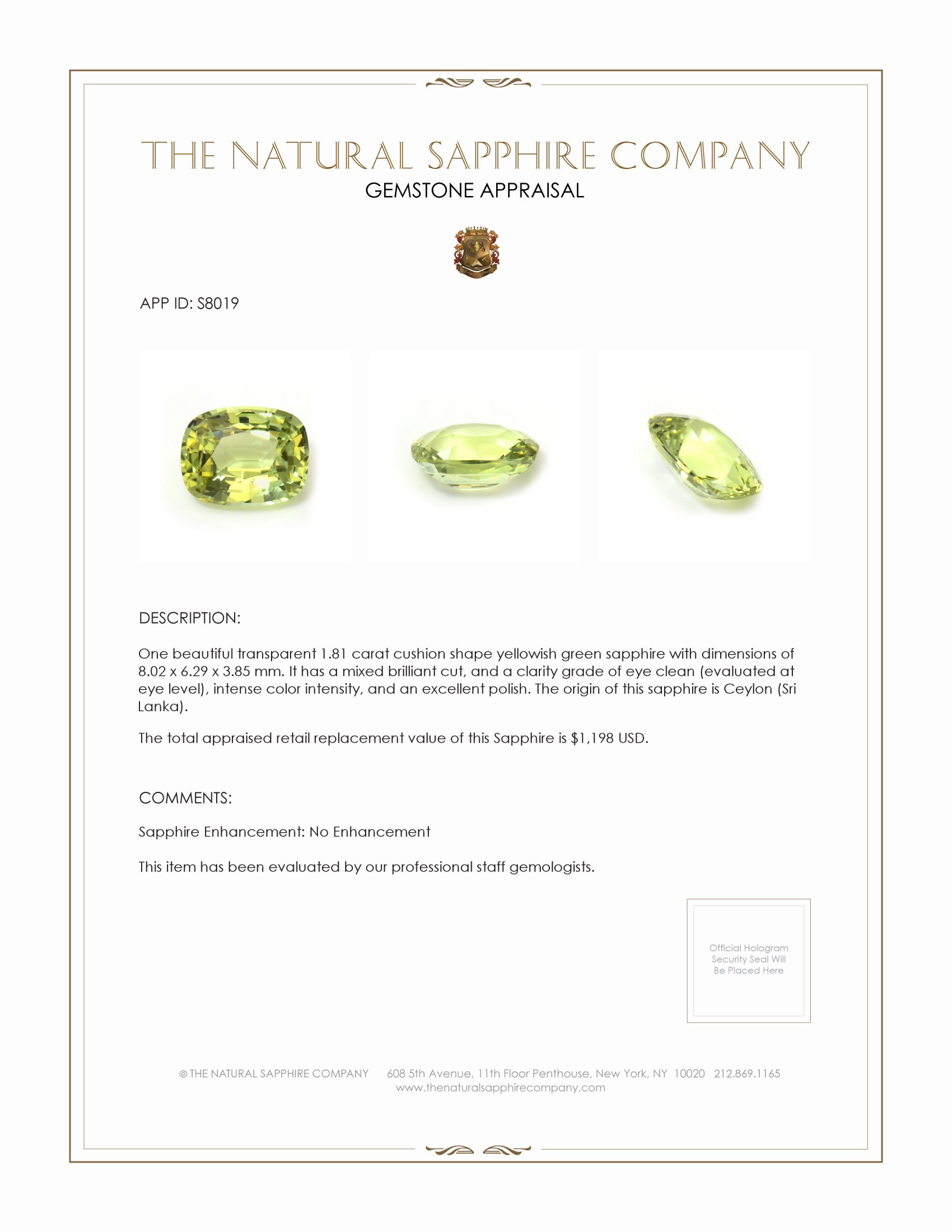 1.81 Ct. Yellowish Green Sapphire from Ceylon (Sri Lanka)