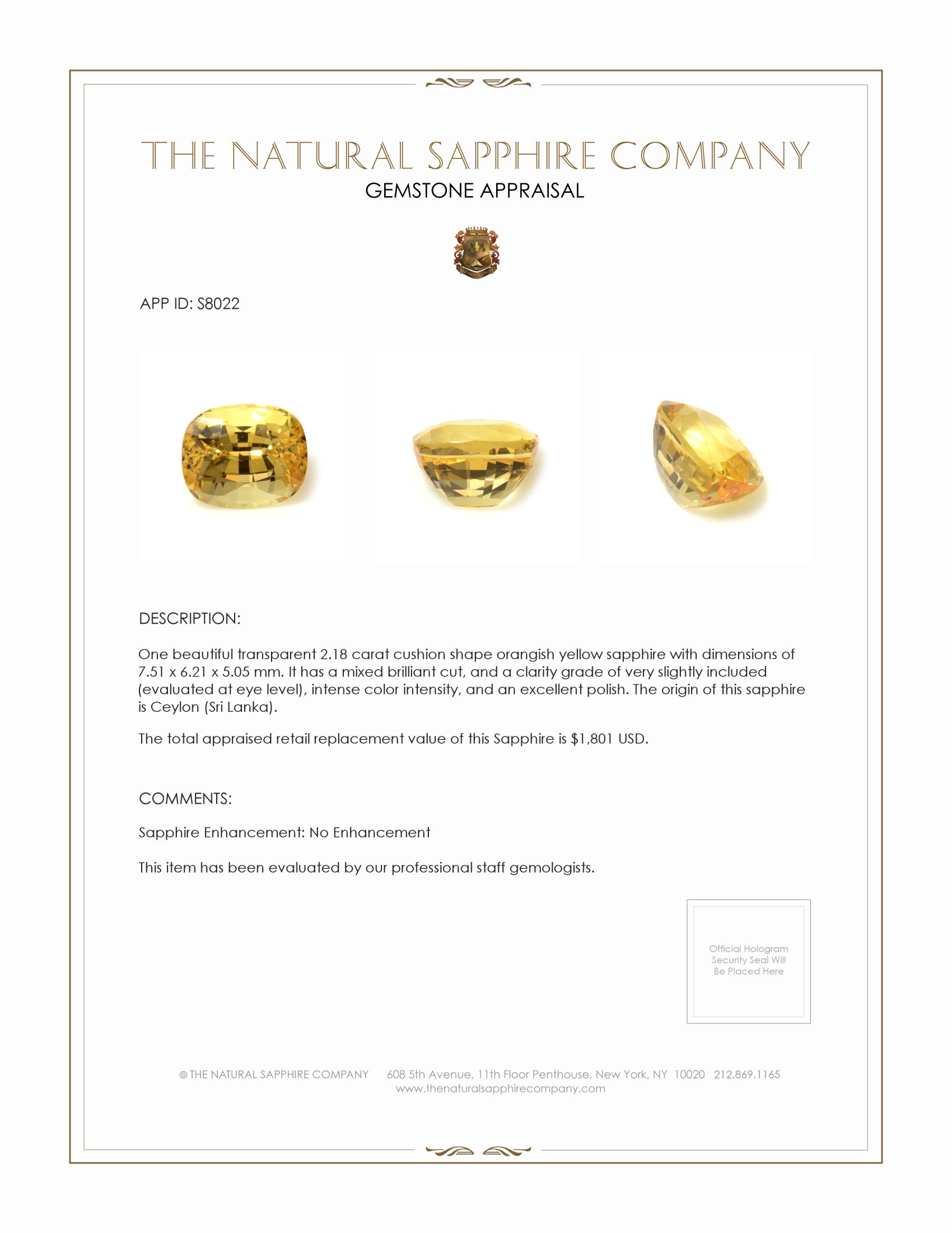 2.18 Ct. Orangish Yellow Sapphire from Ceylon (Sri Lanka)