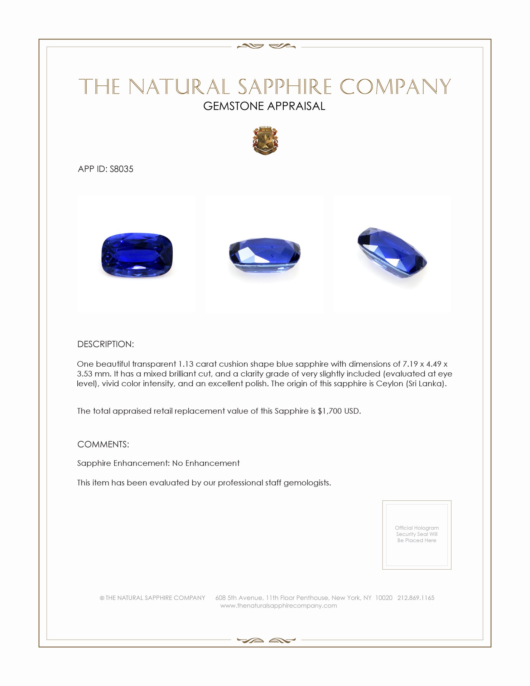 1.13 Ct. Blue Sapphire from Ceylon (Sri Lanka)