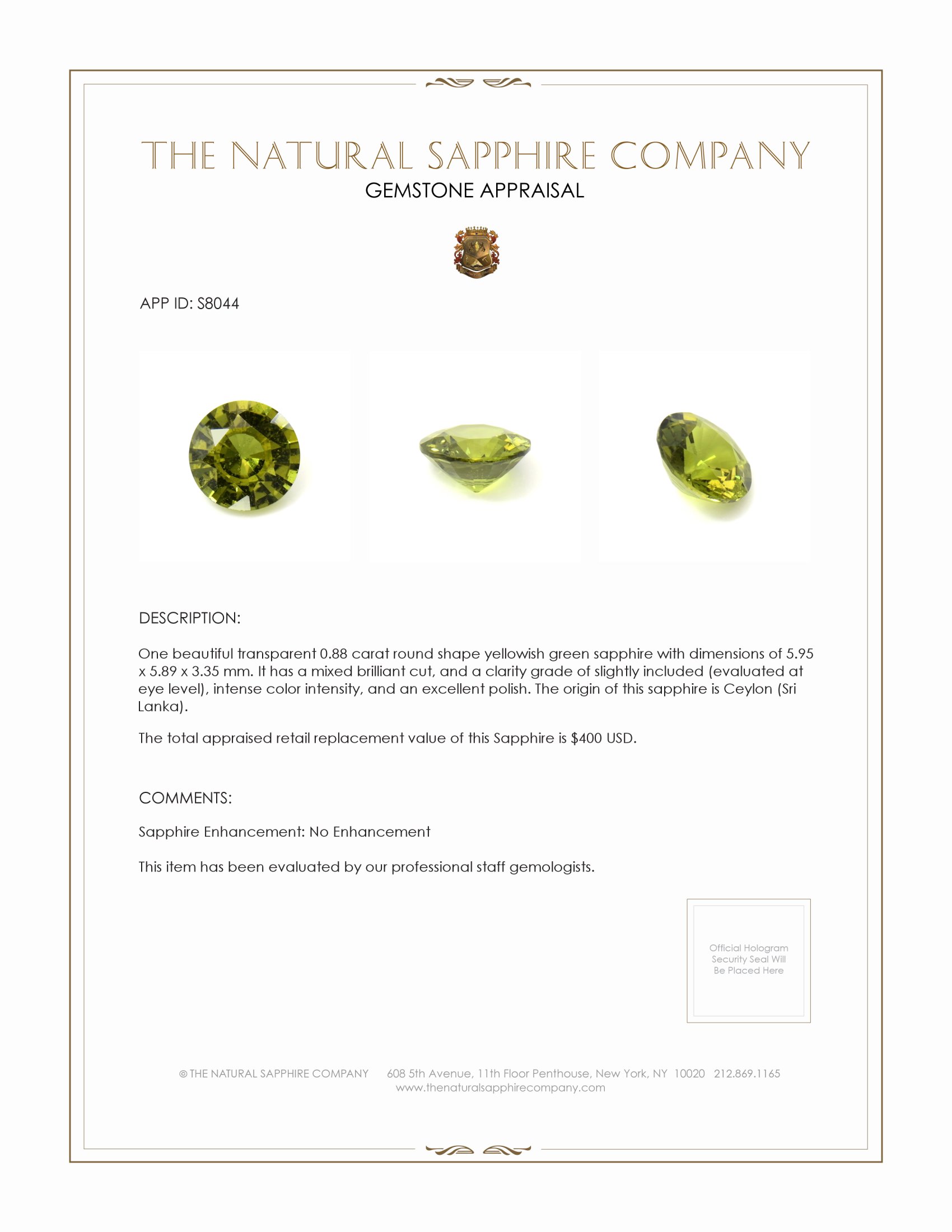 0.88 Ct. Yellowish Green Sapphire from Ceylon (Sri Lanka)
