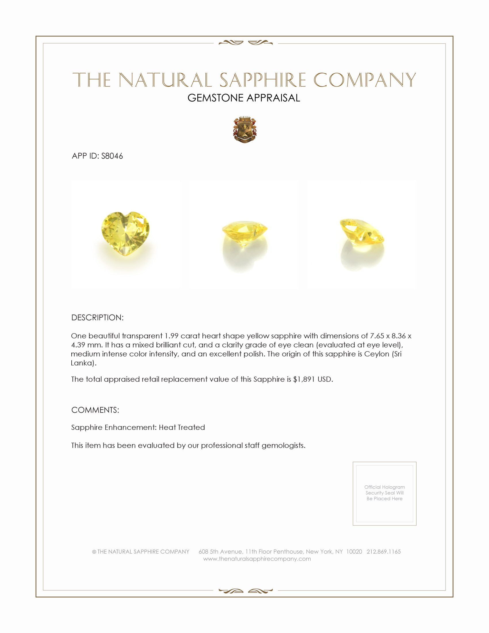 1.99 Ct. Yellow Sapphire from Ceylon (Sri Lanka)