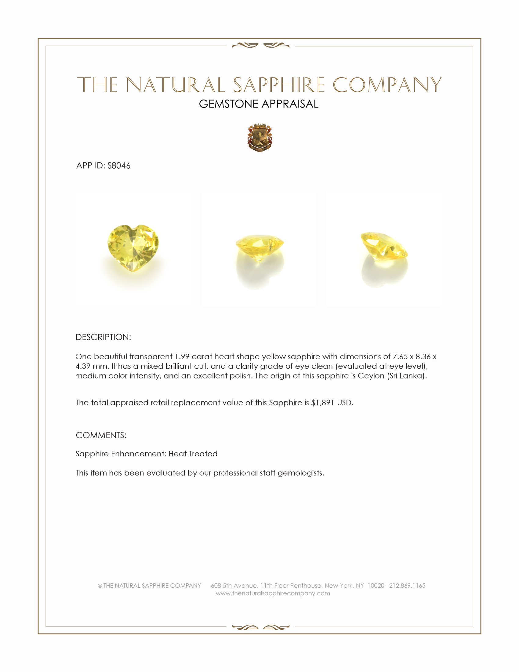 1.99 Ct. Yellow Sapphire from Ceylon (Sri Lanka)