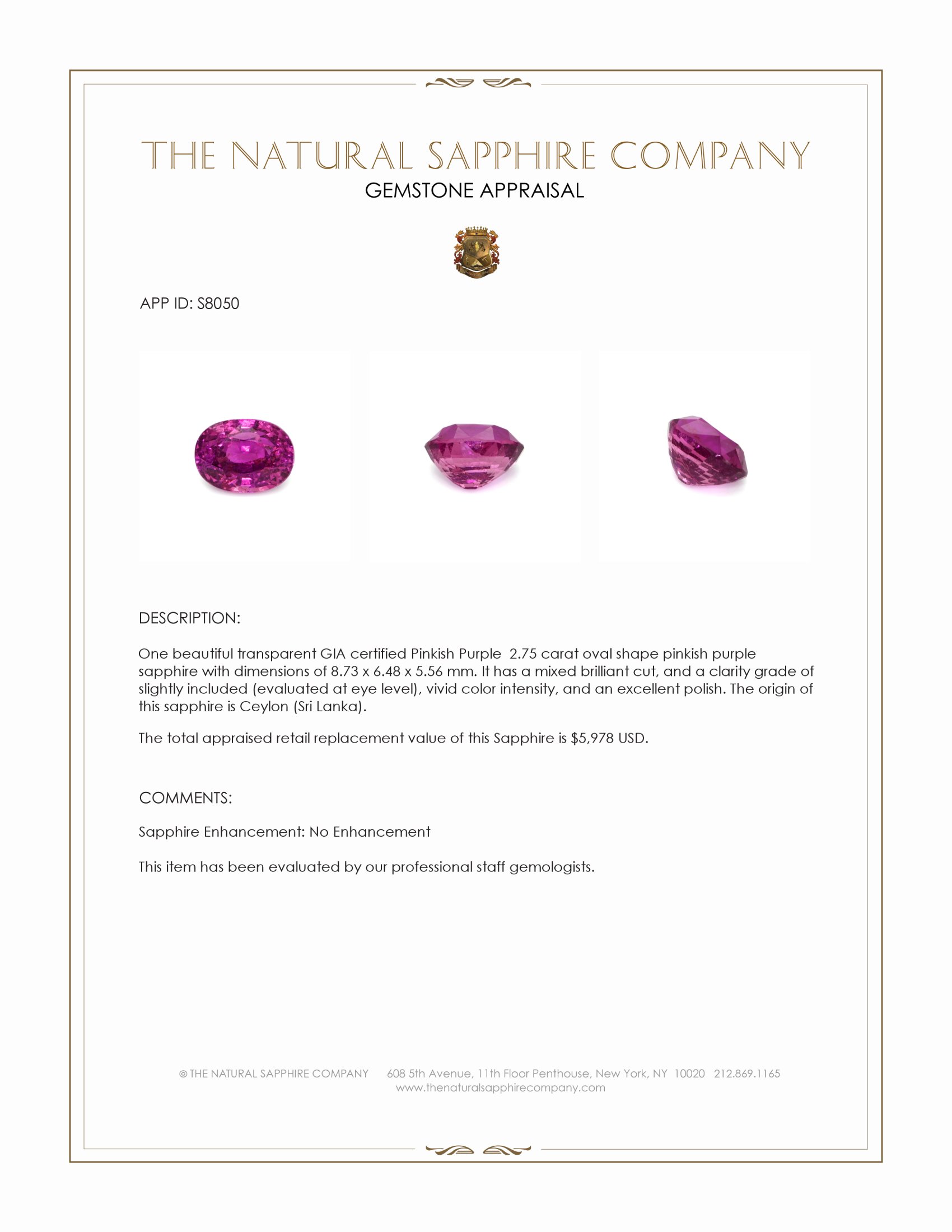 2.75 Ct. Pinkish Purple Sapphire from Ceylon (Sri Lanka)
